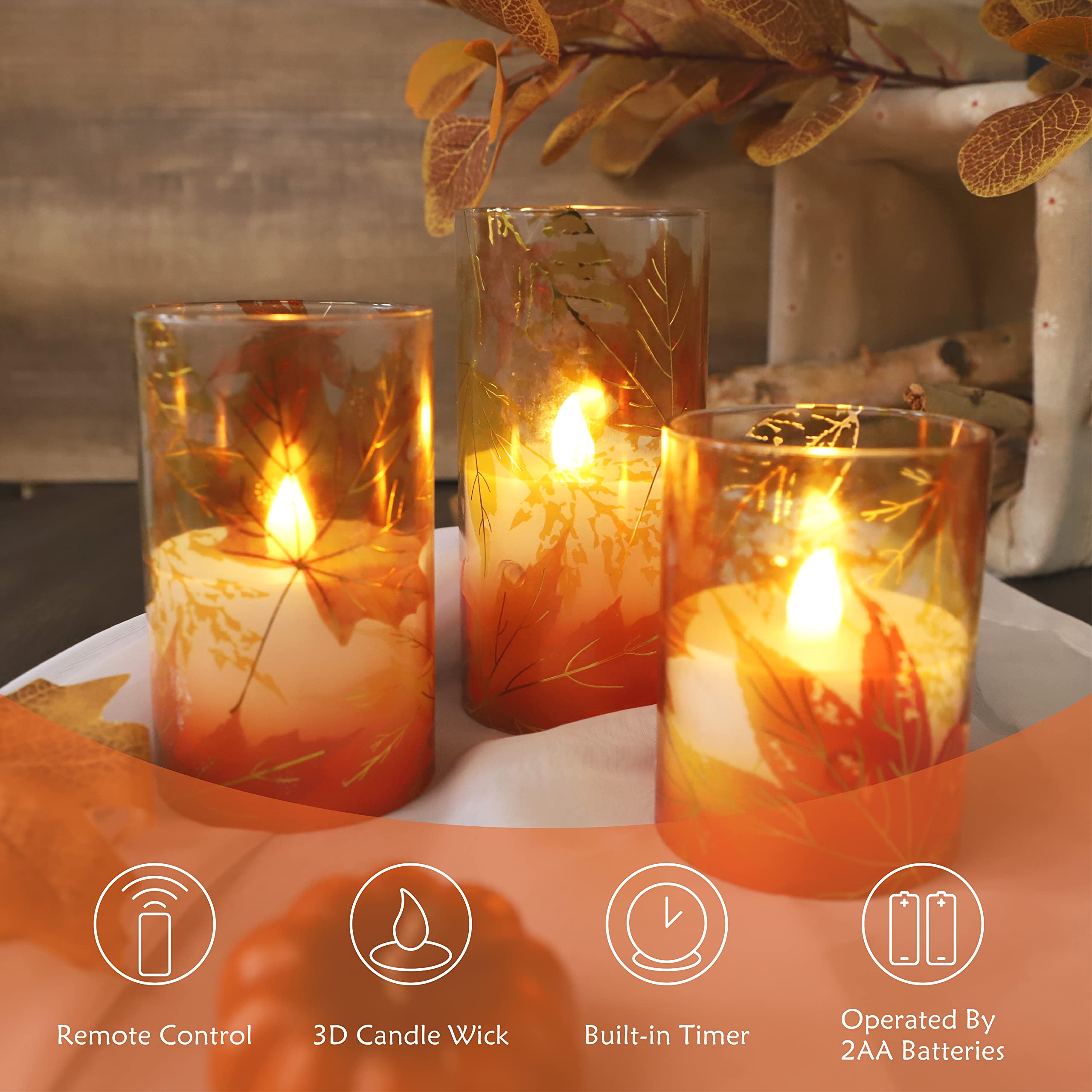 Realistic Flameless LED Candles with Remote & Timer - Battery Operated Thanksgiving Decor, Gold-Red Maple Leaf Wax Candles for Bedroom, Home, Table Centerpiece | Perfect for Holiday Gifts, Romantic Dinners & Cozy Ambiance