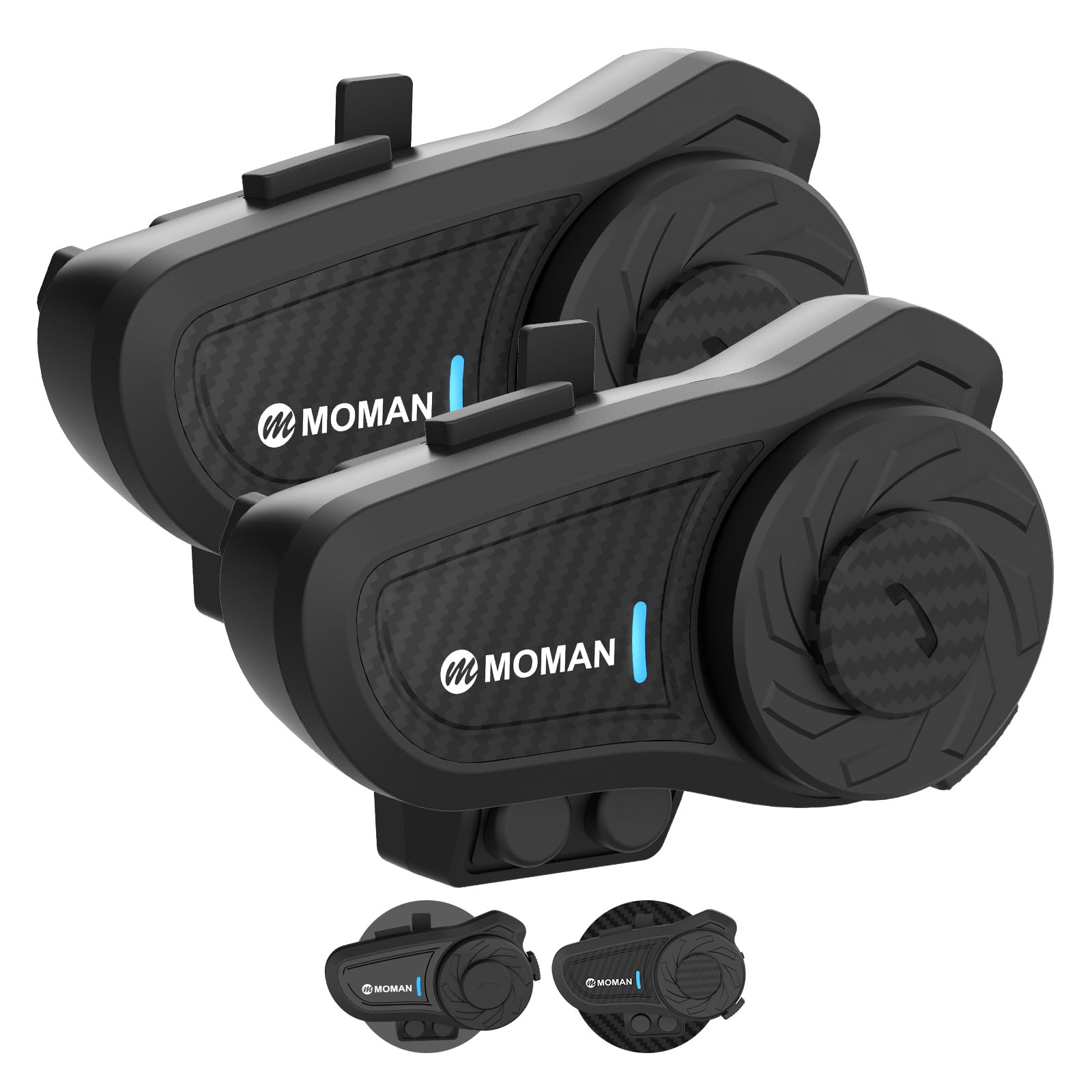 Moman H2 Pro Motorcycle Bluetooth Intercom Headset - 2 Pack Carbon Fiber Wireless Communication System with 1000M Range, DSP & CVC Noise Cancellation, IP65 Waterproof, FM Radio - Perfect for Group Riding, Touring & Adventure Motorcycles