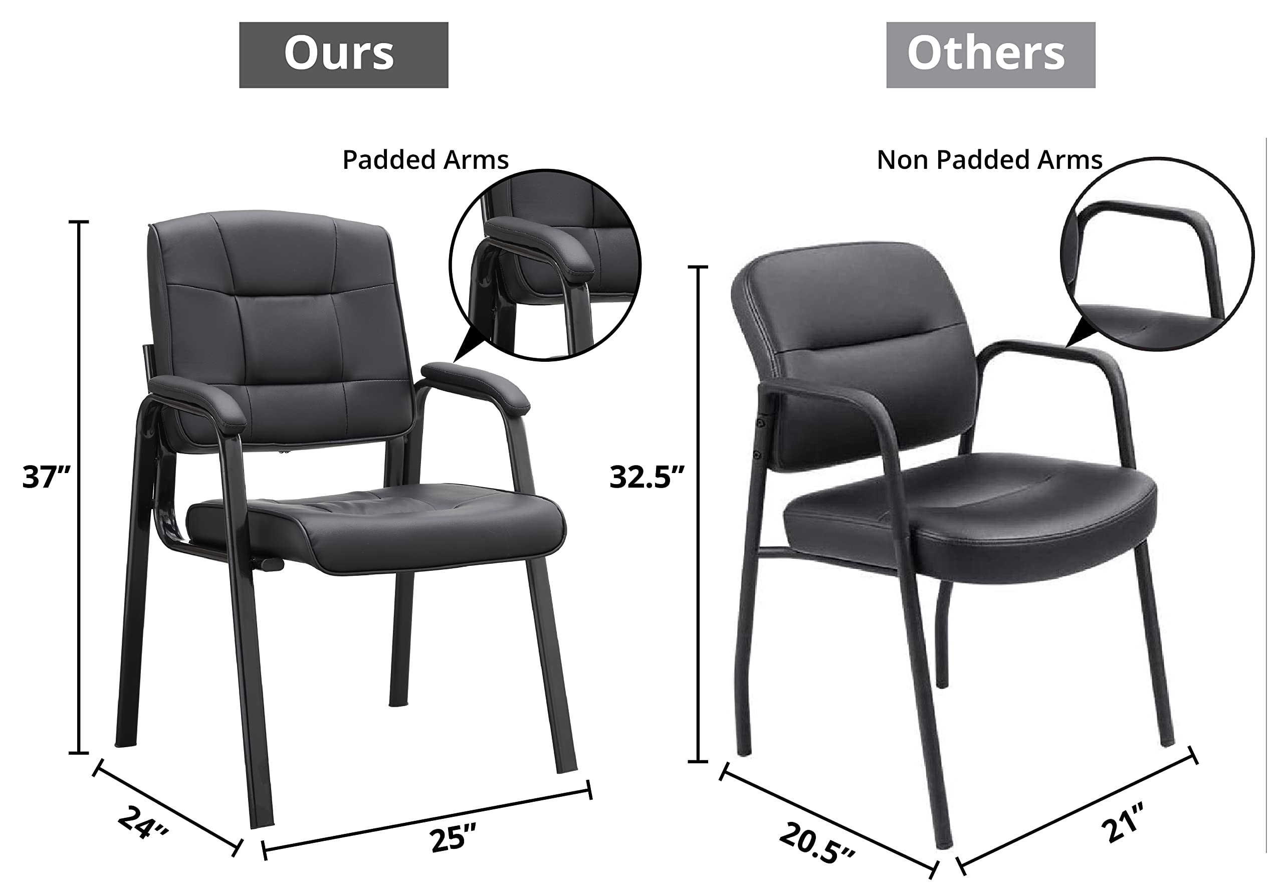 Naomi Home 2-Piece Heavy Duty Leather Executive Waiting Room Chairs Set - Black - Padded Armrest Lobby Reception Chairs for Office, Clinic, Hotel, and Conference Room Guest Seating