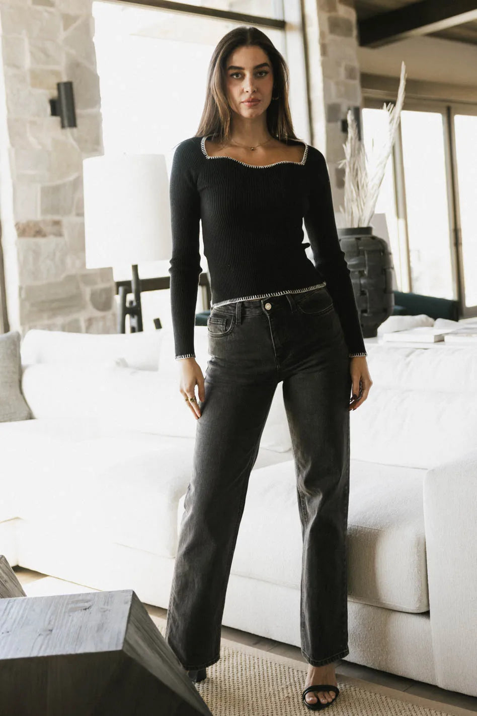 Black Hazel Ribbed Sweater for Women - Cozy Winter Knit Pullover for Casual Outfits & Office Wear