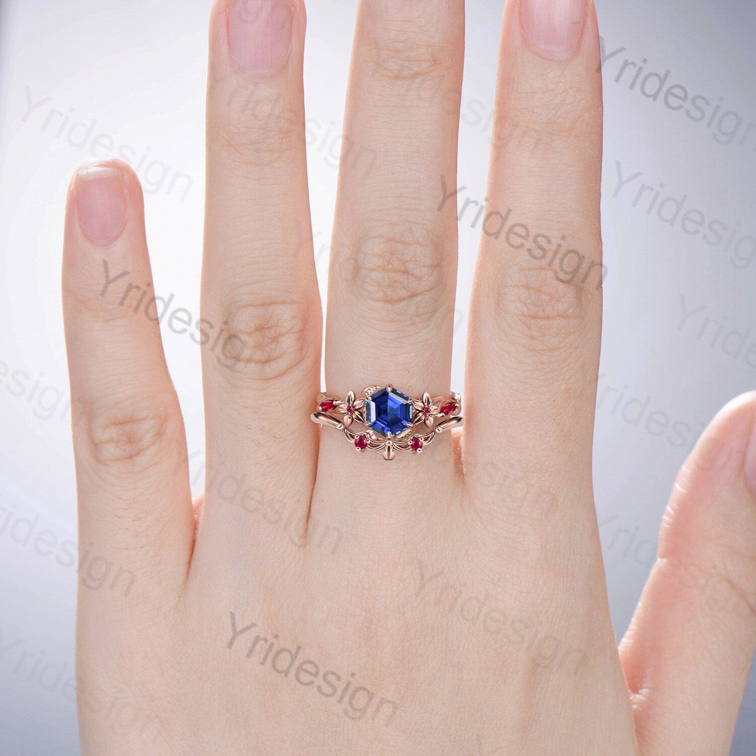 Hexagon Cut Sapphire Engagement Ring Set for Women - Nature Inspired Leaf & Flower Design with Ruby Accents - Perfect for Weddings, Anniversaries, and Special Occasions