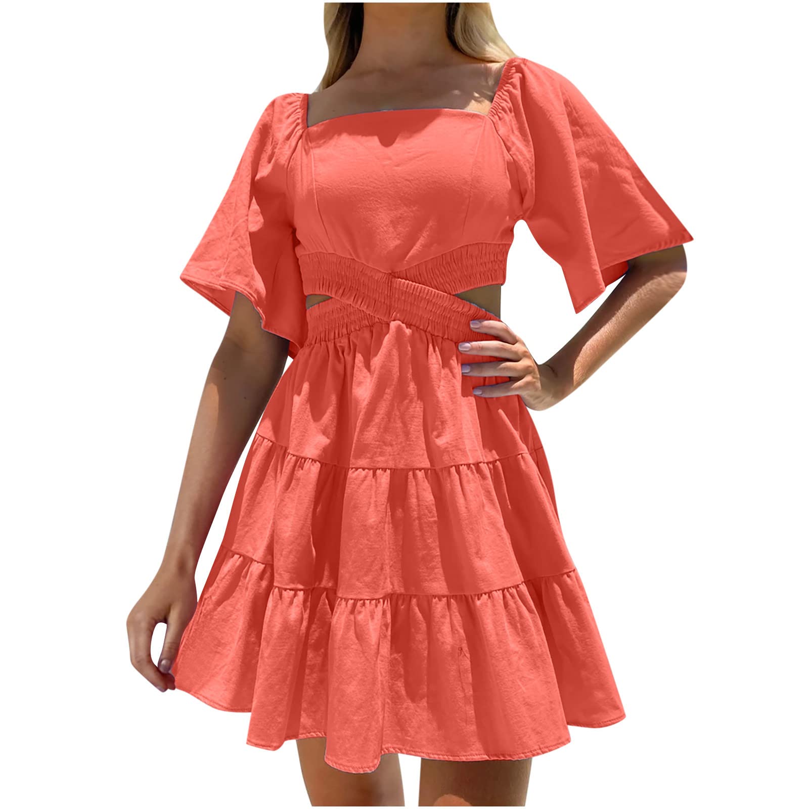 KkSLirnhs Women's Sweet Sexy Short Dress - Solid Color Square Neck Hollow Waist Mini A-Line Sundress for Summer Beach Party & Date Night