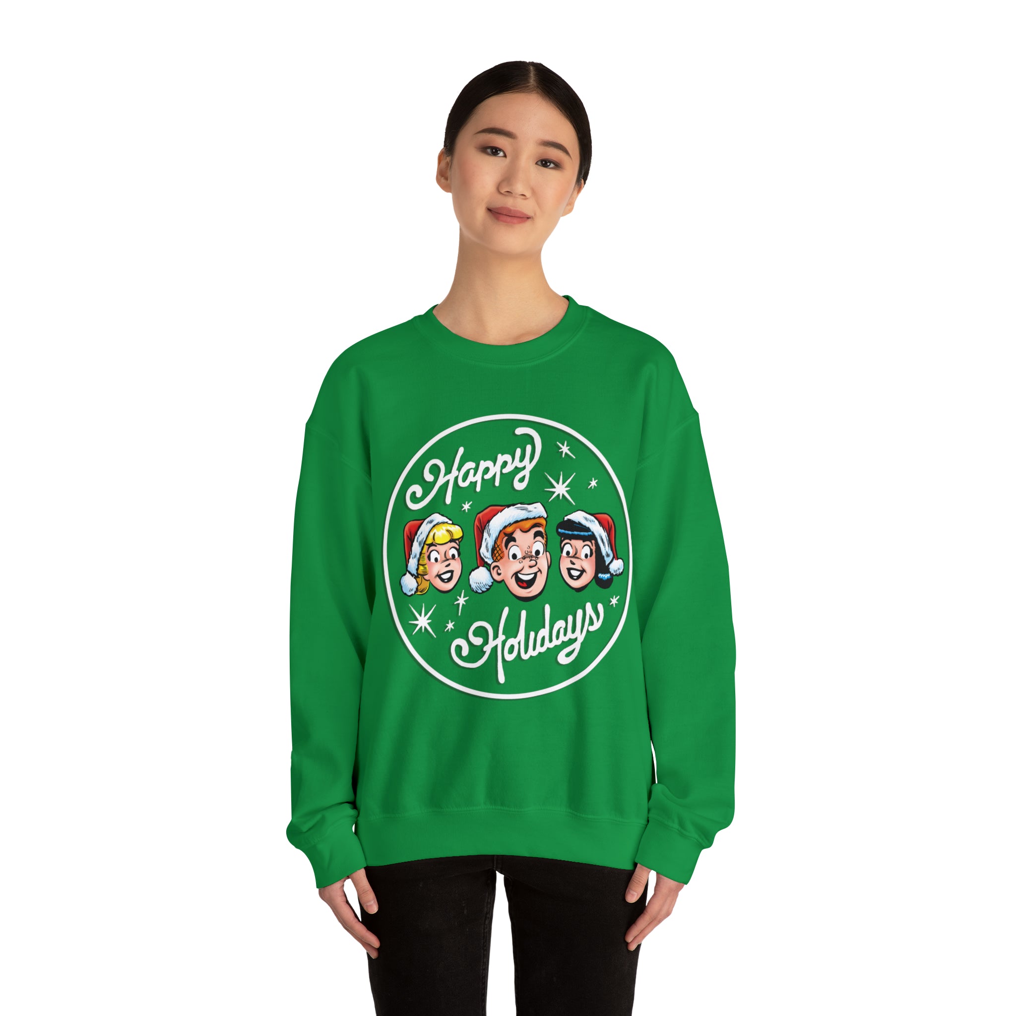 Archie Comics Happy Holidays Unisex Heavy Blend Crewneck Sweatshirt - Archie Betty Veronica Graphic - Cozy Christmas Sweater for Fans & Gift Giving
