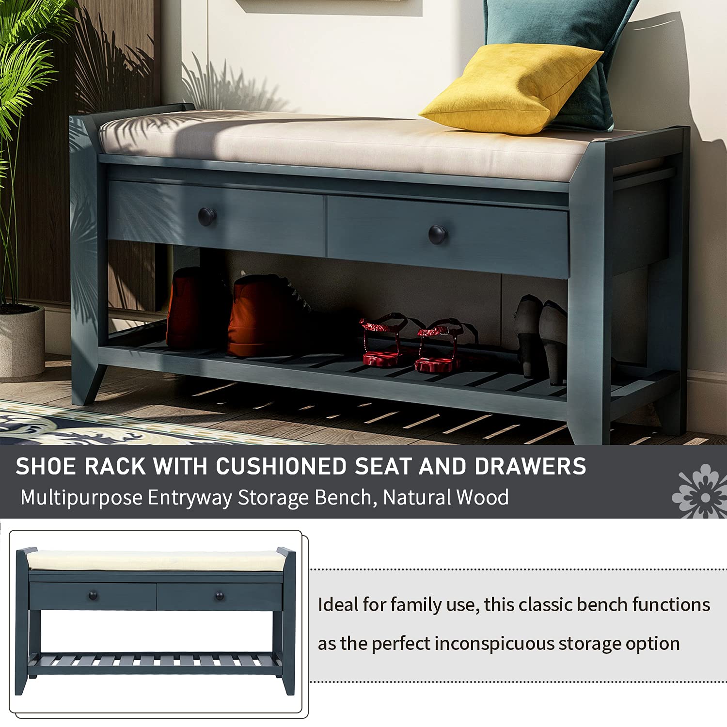 Storage Bench with Cushioned Seat & Drawers - Shoe Rack for Entryway, Bedroom (Antique Navy)