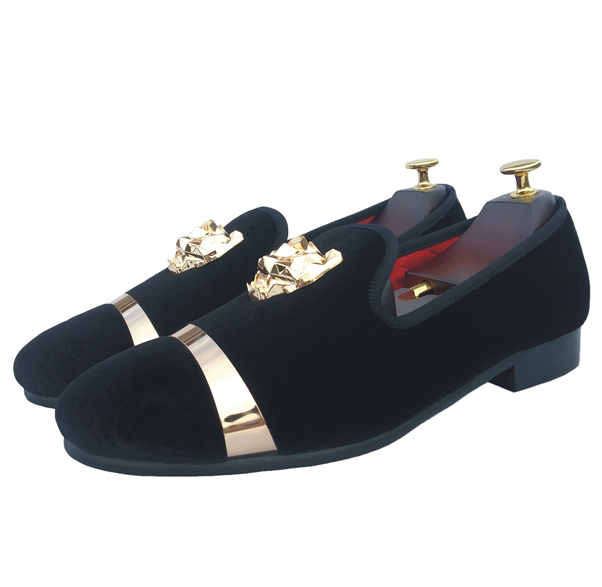 Men's Black Velvet Loafers with Gold Buckle - Formal Slip-On Dress Shoes for Weddings, Smoking, and Evening Events
