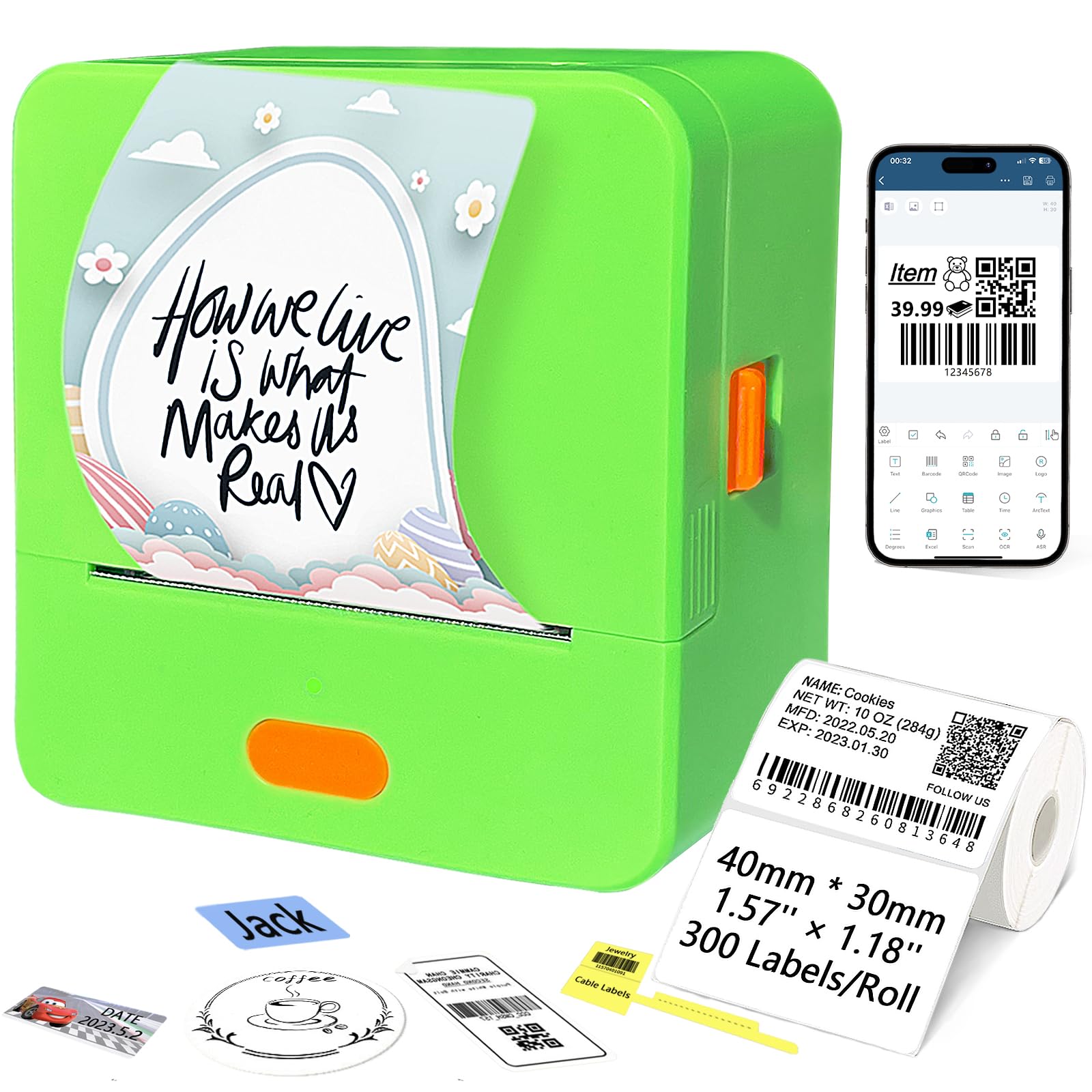 Portable Bluetooth Label Maker Machine with Tape - Auto Scan Thermal Printer for Barcode, Shipping & Office Organization - Ideal for Small Business, Home & Warehouse Use (40 x 30 x 300 Labels Included)