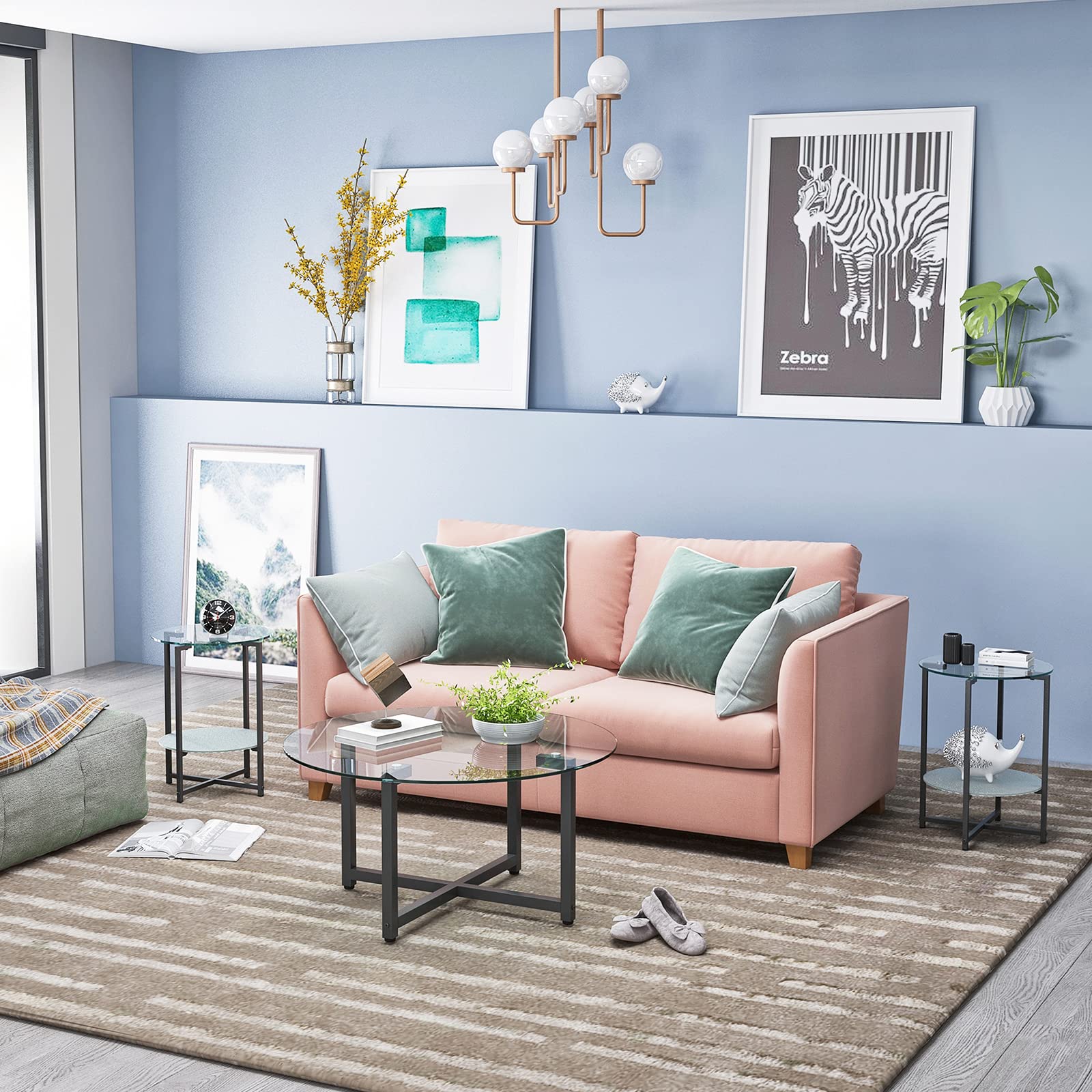 3-Piece Clear Glass Round Coffee Table Set with Metal Frame & Tempered Glass - Modern Living Room Furniture for Home Decor, Coffee Table and End Tables Combo - Perfect for Small Spaces, Apartments and Cozy Living Rooms