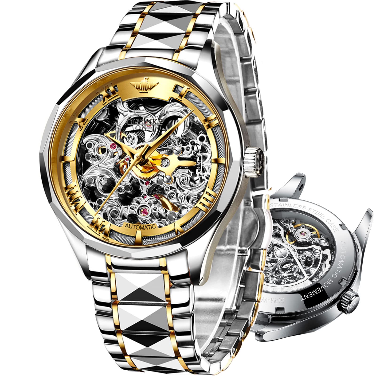 Luxury Automatic Watches for Men - Gold Skeleton Mechanical Watch with Two-Tone Tungsten Steel Band, 50M Waterproof, Sapphire Crystal - Self-Winding Business Dress Watch for Formal Occasions & Office Wear