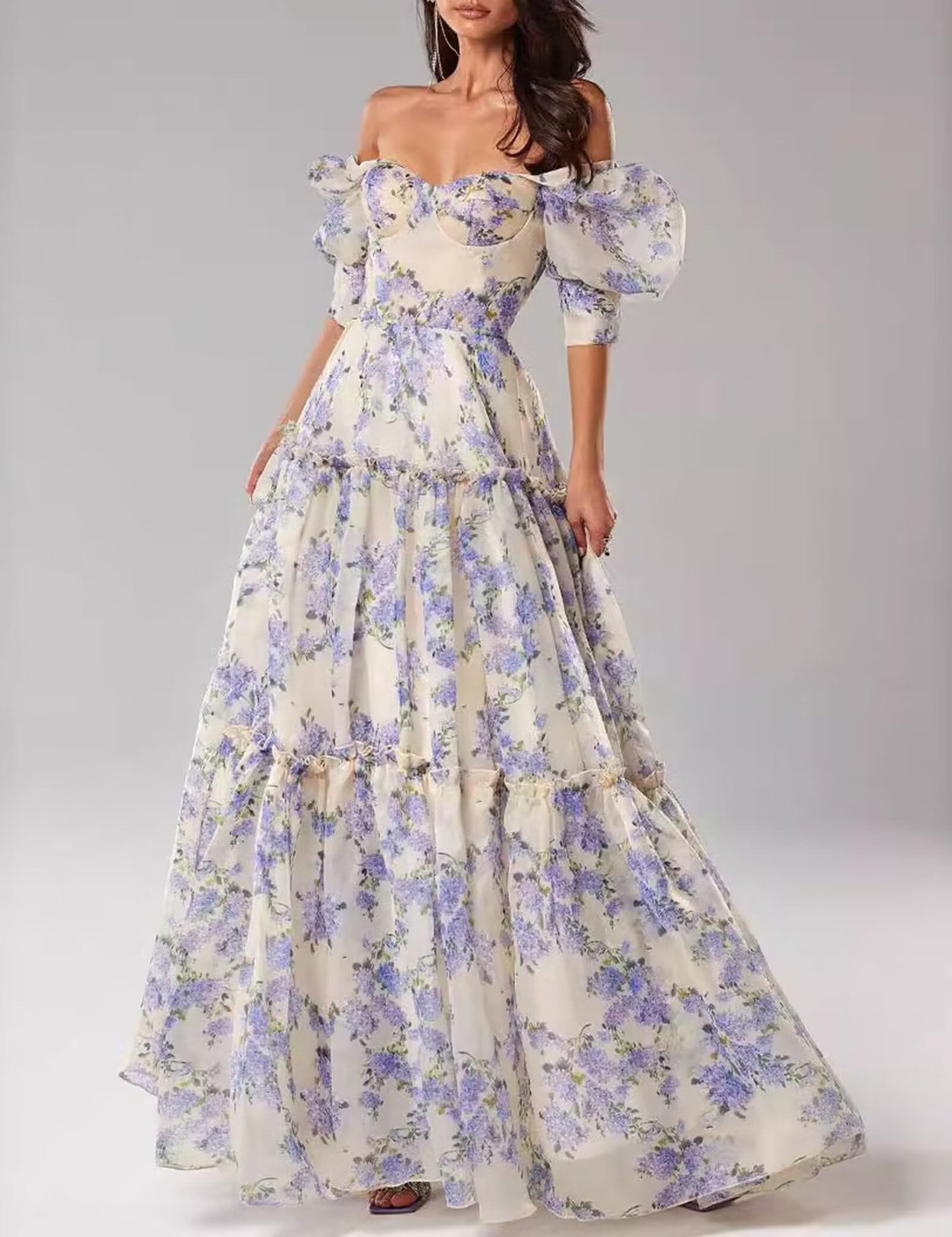 NeeMee 2024 Women's Floral Print Off Shoulder Maxi Dress - A-Line Ruffled Organza Summer Dress with Puffy Sleeves & Smocked Waist (Blue, Large) | Perfect for Beach Vacations, Garden Parties & Romantic Date Nights