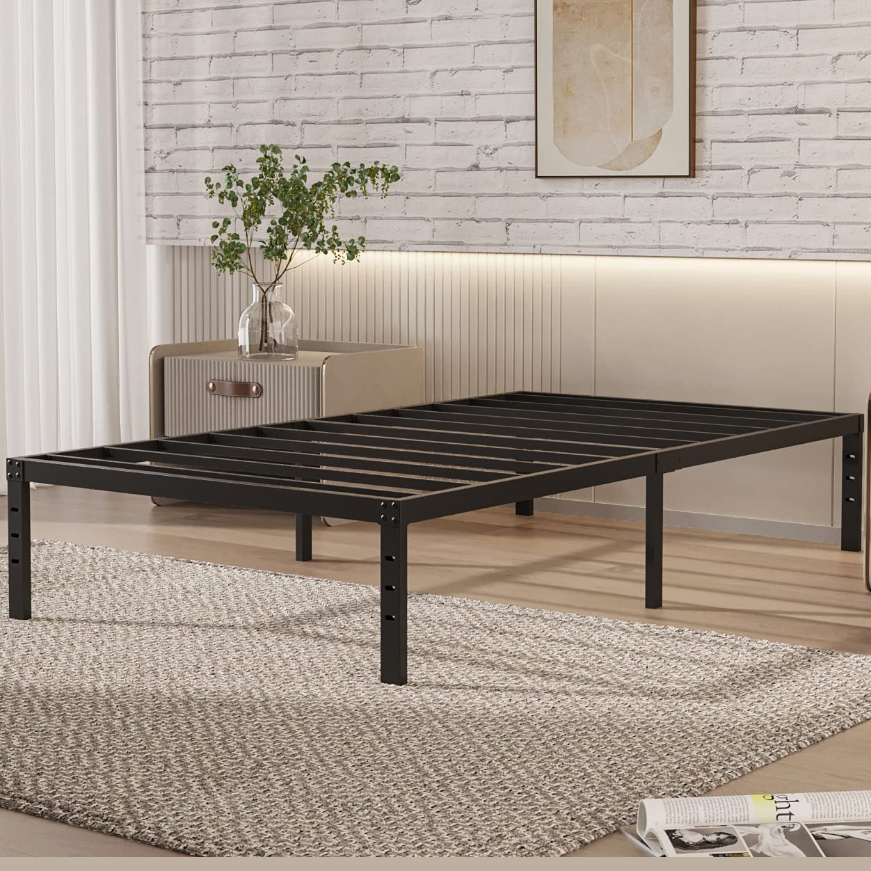 Oliway Twin XL Bed Frame - Heavy Duty 3500lbs Steel Slat Support, Easy Assembly, Noise Free, No Box Spring Needed - 14 Inch Mattress Foundation with Underbed Storage Space (Black) - Perfect for Small Bedrooms, Dorms & Guest Rooms
