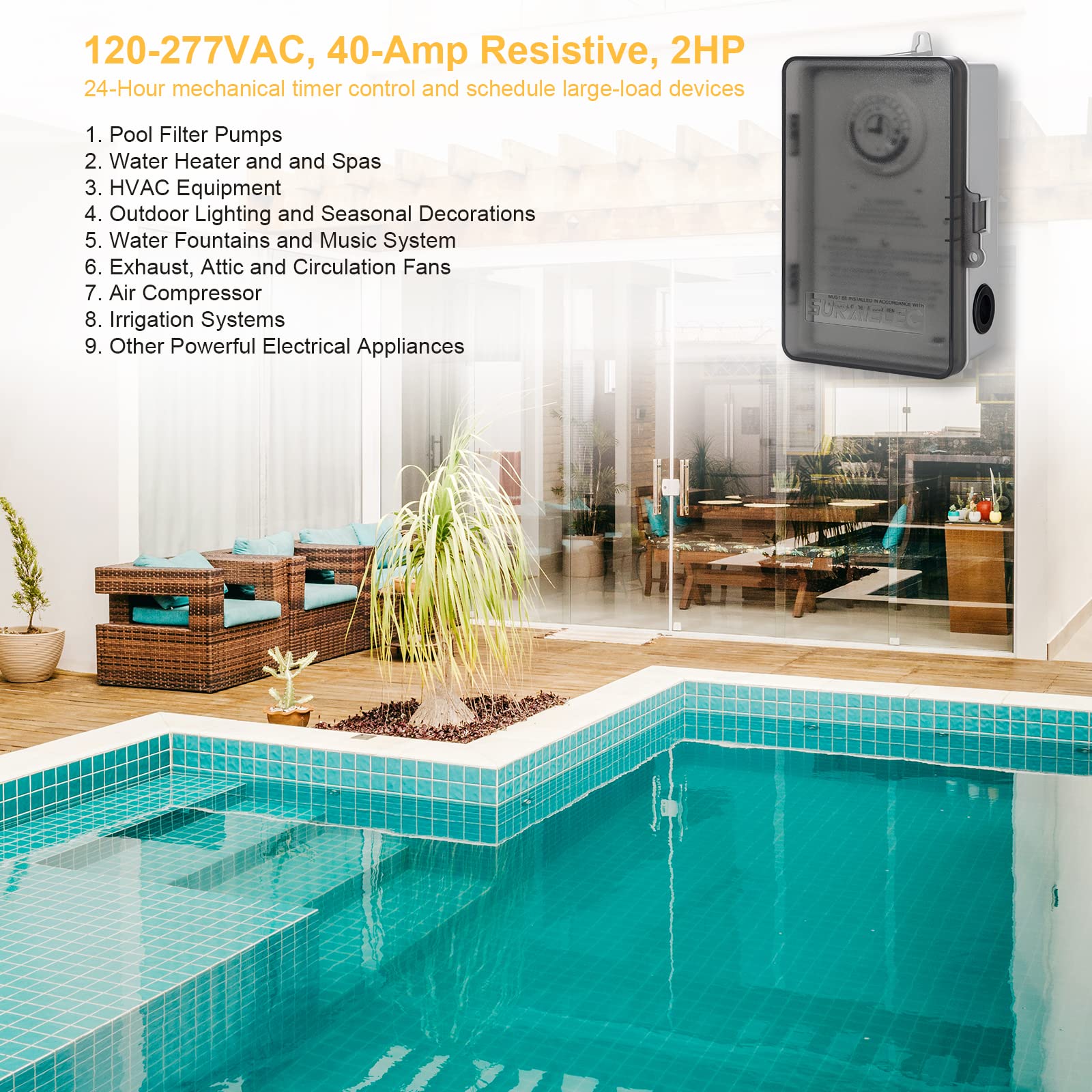 SURAIELEC 24-Hour Mechanical Pool Timer Switch - 40 AMP, 2HP, 120/240/277V Heavy Duty Outdoor/Indoor Controller for Pool Pump, Water Heater, Spa & Appliances | Perfect for Automatic Pool Maintenance & Energy Savings