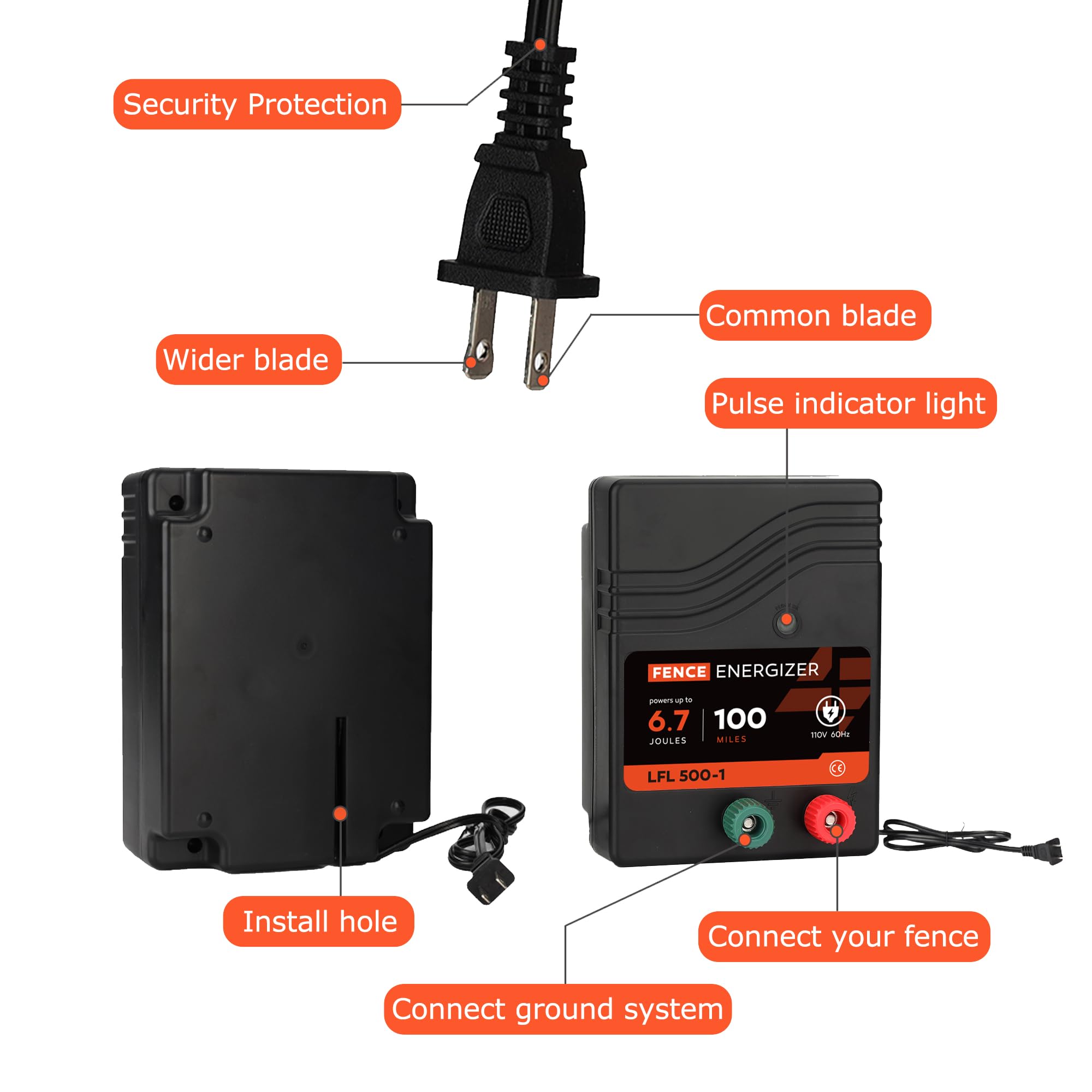 AC Powered Electric Fence Charger - 100 Mile Range, 300 Acre Coverage, 110V 6.7 Joule Plug-In Energizer with 10.2 kV Output - Ideal for Livestock Protection & Predator Deterrence | Perfect for Farms, Ranches & Agricultural Security