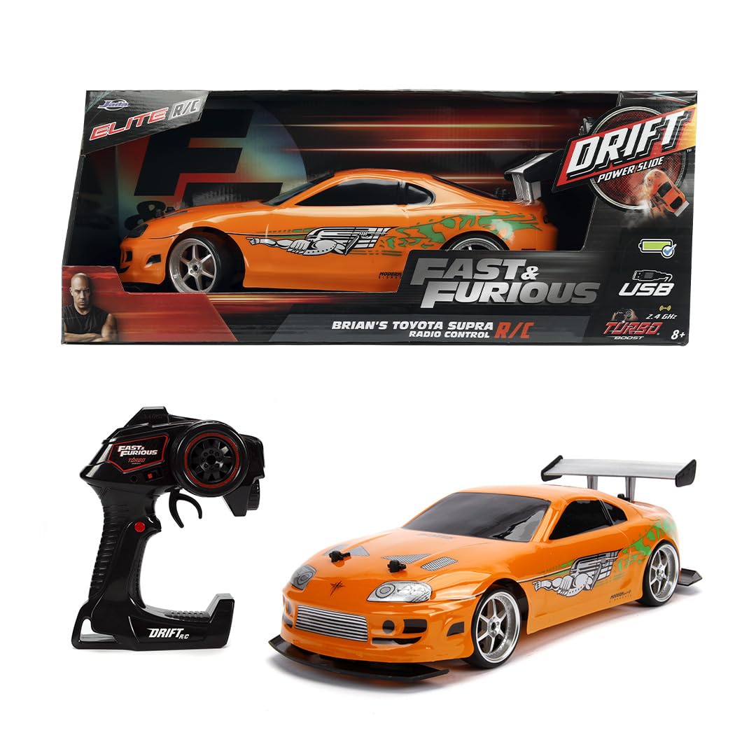 Jada Toys Fast & Furious 1:10 Toyota Supra RC Drift Car - 2.4GHz Remote Control with Extra Tires, High-Speed Drifting & Sliding Action - Collectible Toy for Kids & Adults (Orange & Black) - Perfect for Racing, Stunt Shows & Movie Reenactments