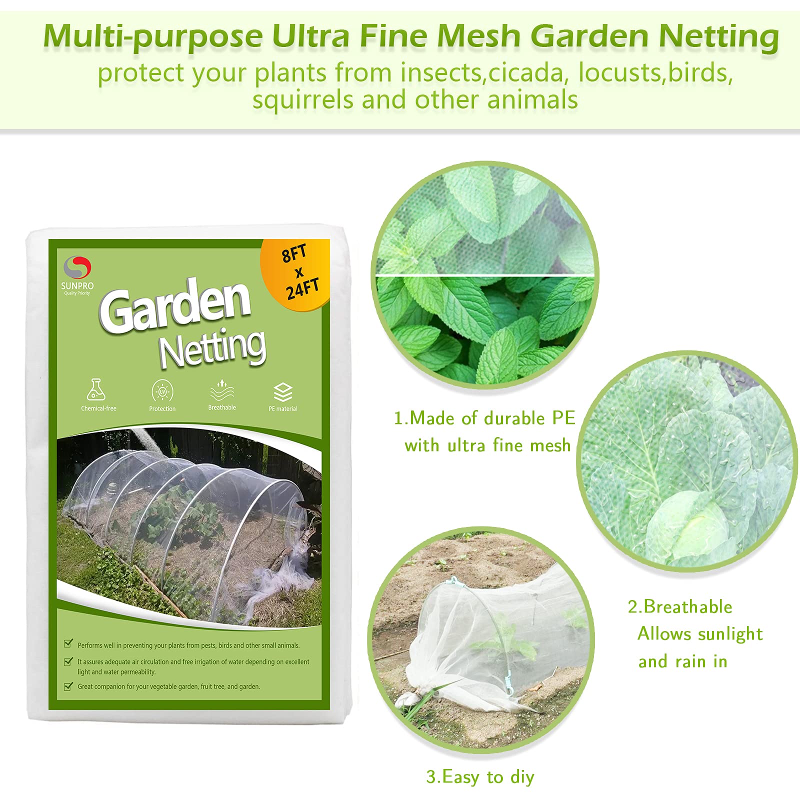8x24Ft Garden Netting Pest Barrier - Mosquito & Bird Protection Mesh for Raised Beds, Row Covers | Durable Plant Cover for Vegetable Gardens, Fruit Trees & Outdoor Plants