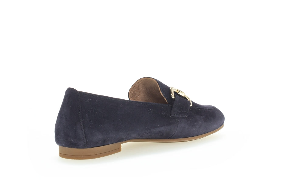 Gabor Navy Suede Loafers for Women with Gold Buckle - Classic Comfortable Slip-On Shoes for Work, Office & Casual Wear (Style 21136)
