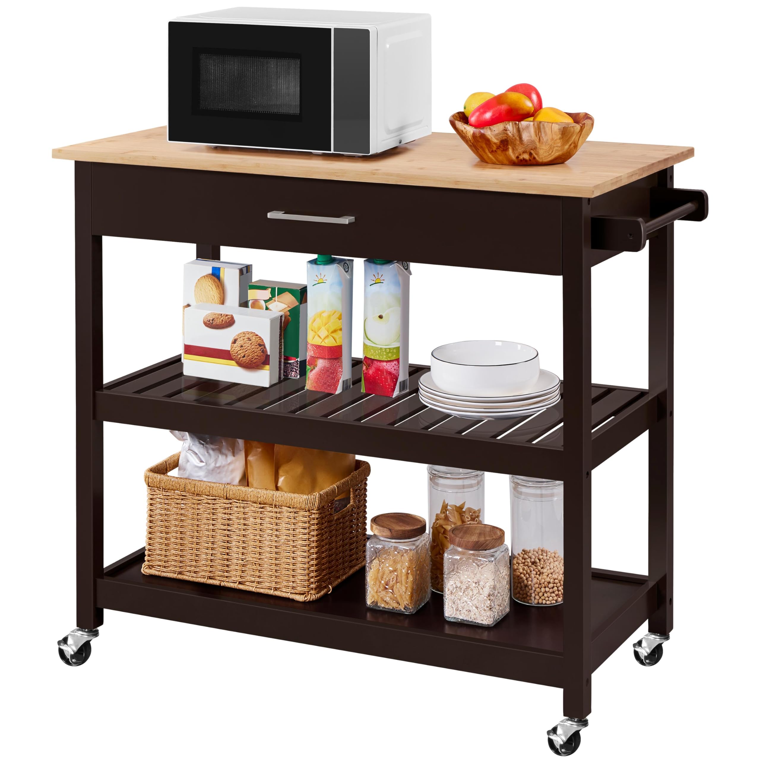Yaheetech 3-Tier Rolling Kitchen Cart with Bamboo Tabletop - 40