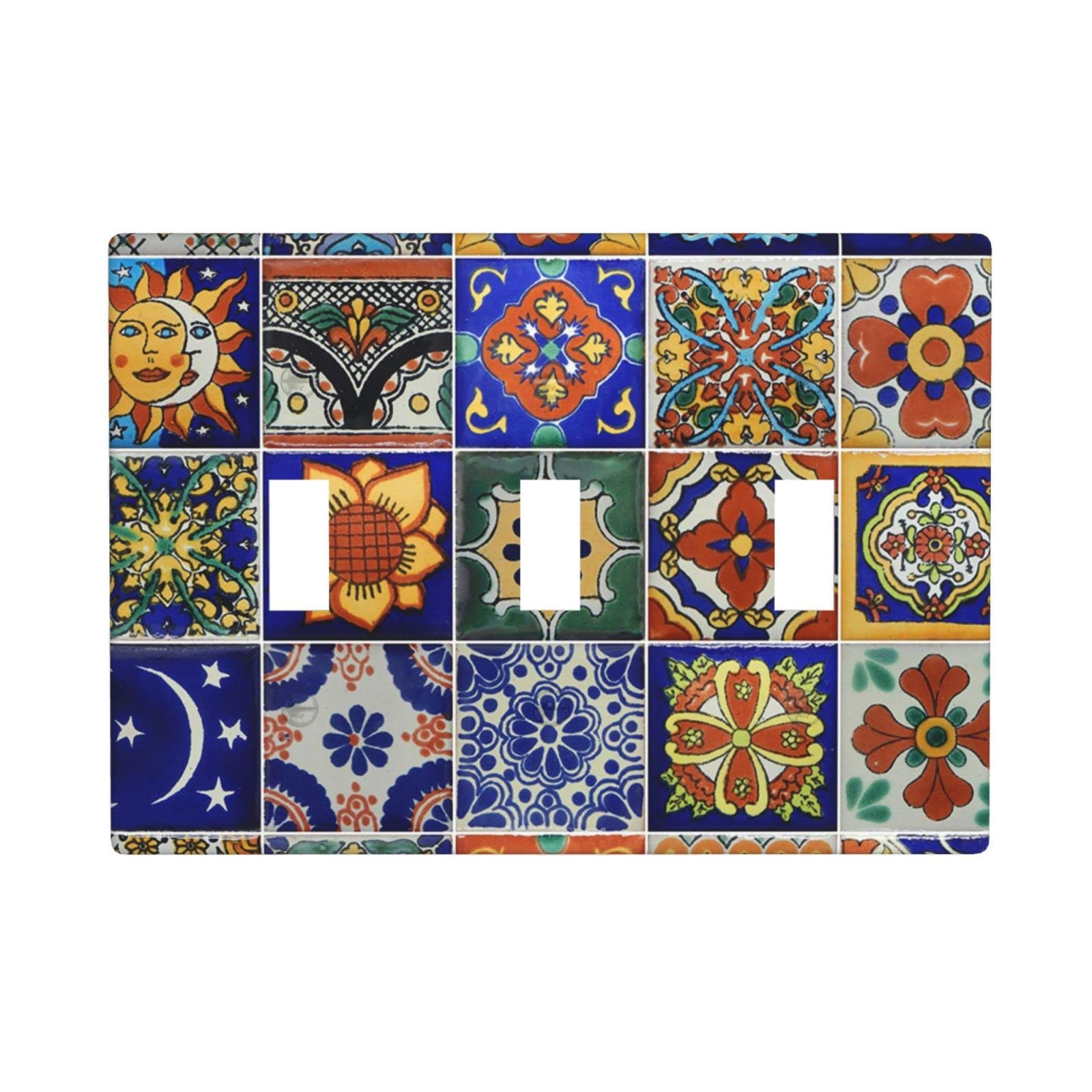 Hand-Painted Talavera Mexican Tiles Light Switch Cover - 3 Gang Decorative Wall Plate for Home Decor (6.38”x 4.5”) - Perfect for Kitchen, Bathroom & Southwest Style Interiors