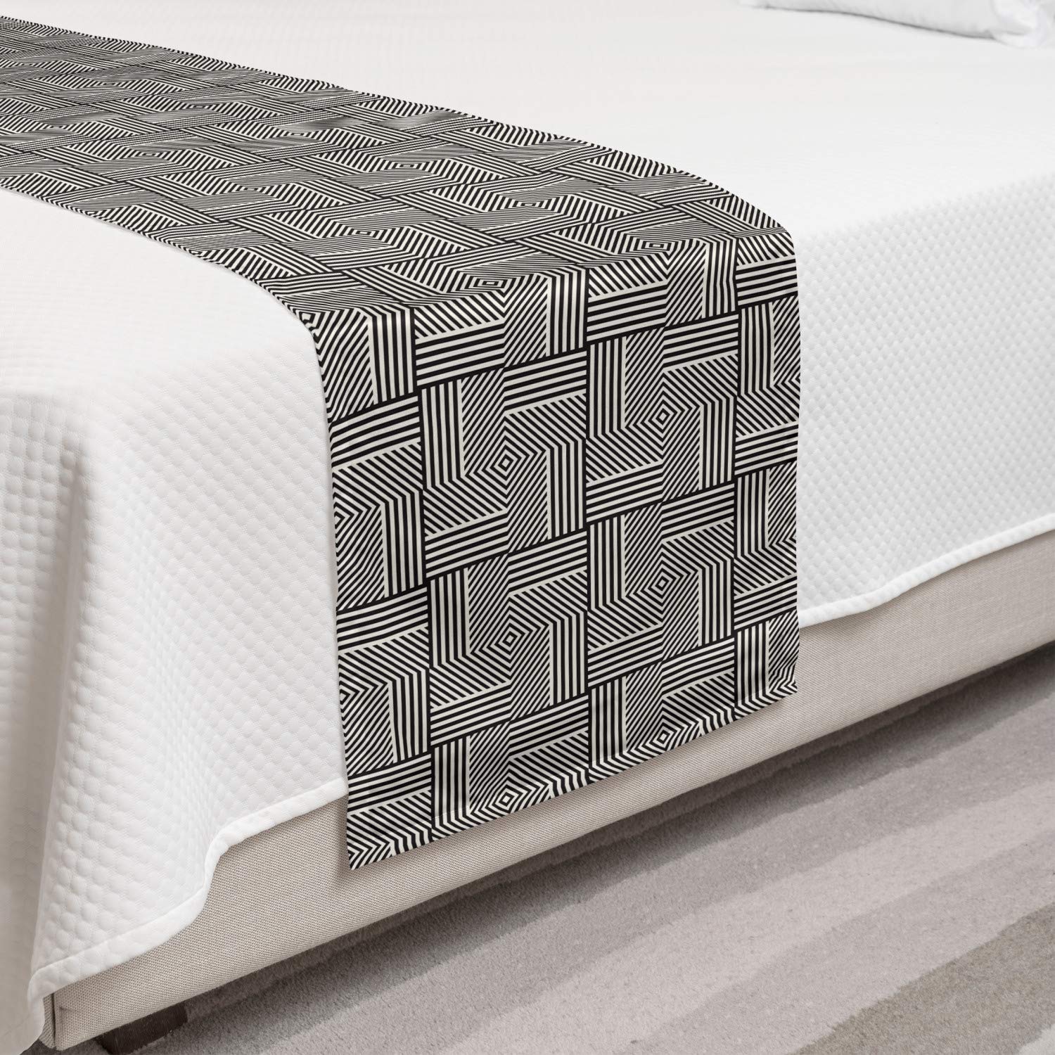 Ambesonne Abstract Bed Runner - Minimalist Geometric Tiles Design in Charcoal Grey | Decorative Bed Scarf for Hotels, Homes & Guest Rooms | Perfect for Queen & King Size Beds - Adds Elegance to Bedroom Decor