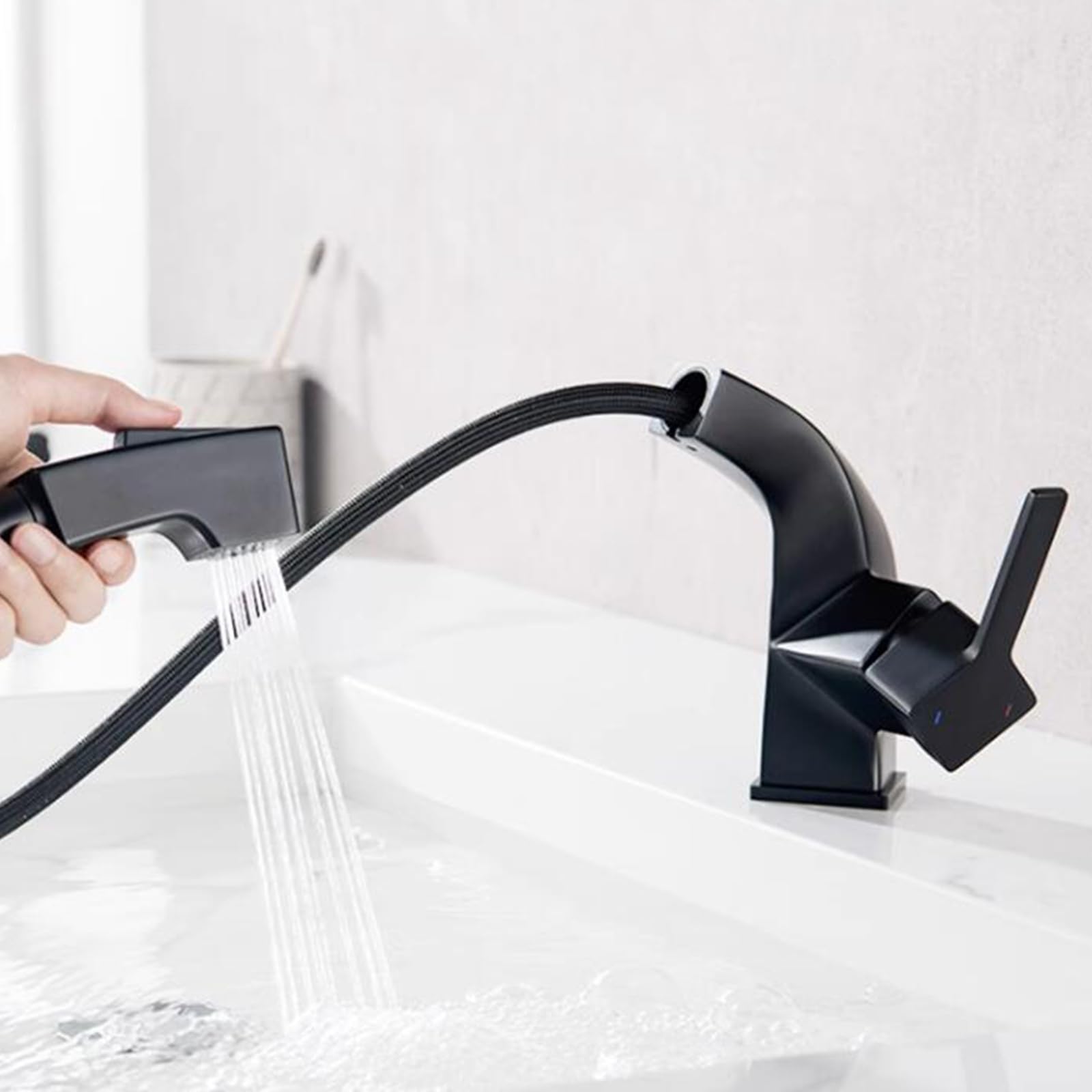 Black Brass Pull-Out Spray Bathroom Sink Faucet - Multi-Function Mixer Basin Tap with Adjustable Spray for Modern Vanities, Kitchen & Utility Sinks - Perfect for Home, Hotel & Commercial Use