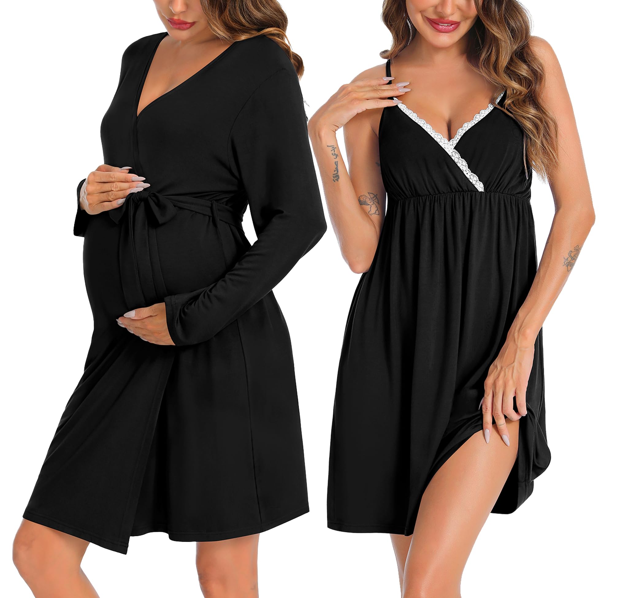 SWOMOG Women's 2-Piece Maternity Robe & Nursing Nightgown - 3-in-1 Breastfeeding Dress with Lace Trim for Labor, Delivery & Postpartum - Soft Nursing Pajama Set for Hospital, Home & Nursing Comfort