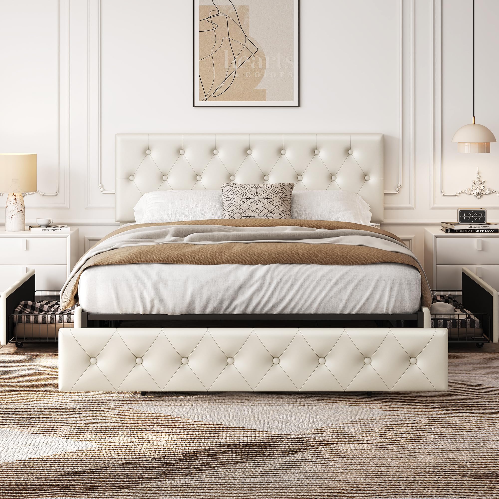 Yaheetech Queen Upholstered Bed Frame with Adjustable Diamond Button-Tufted Headboard & 3 Storage Drawers - Sturdy Wood Slat Support, Beige Platform Bed for Bedroom, Guest Room or Dorm