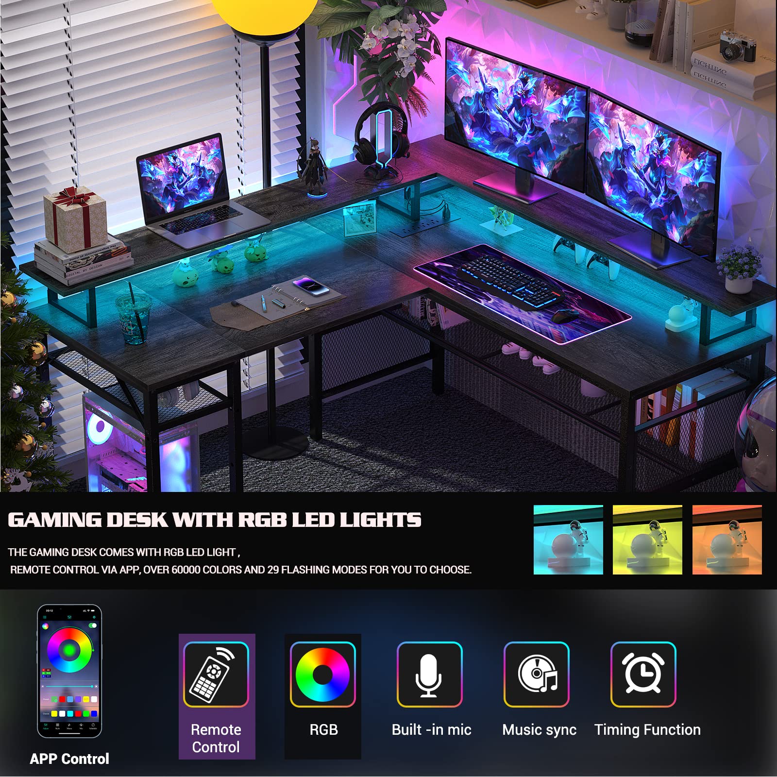 L-Shaped Computer Desk with Power Outlet & LED Strip - Reversible Corner Gaming Desk with Monitor Stand & Storage Shelf | Ergonomic 2-Person Home Office Workstation in Black Oak | Perfect for Small Spaces, Gaming Setups & Shared Workspaces