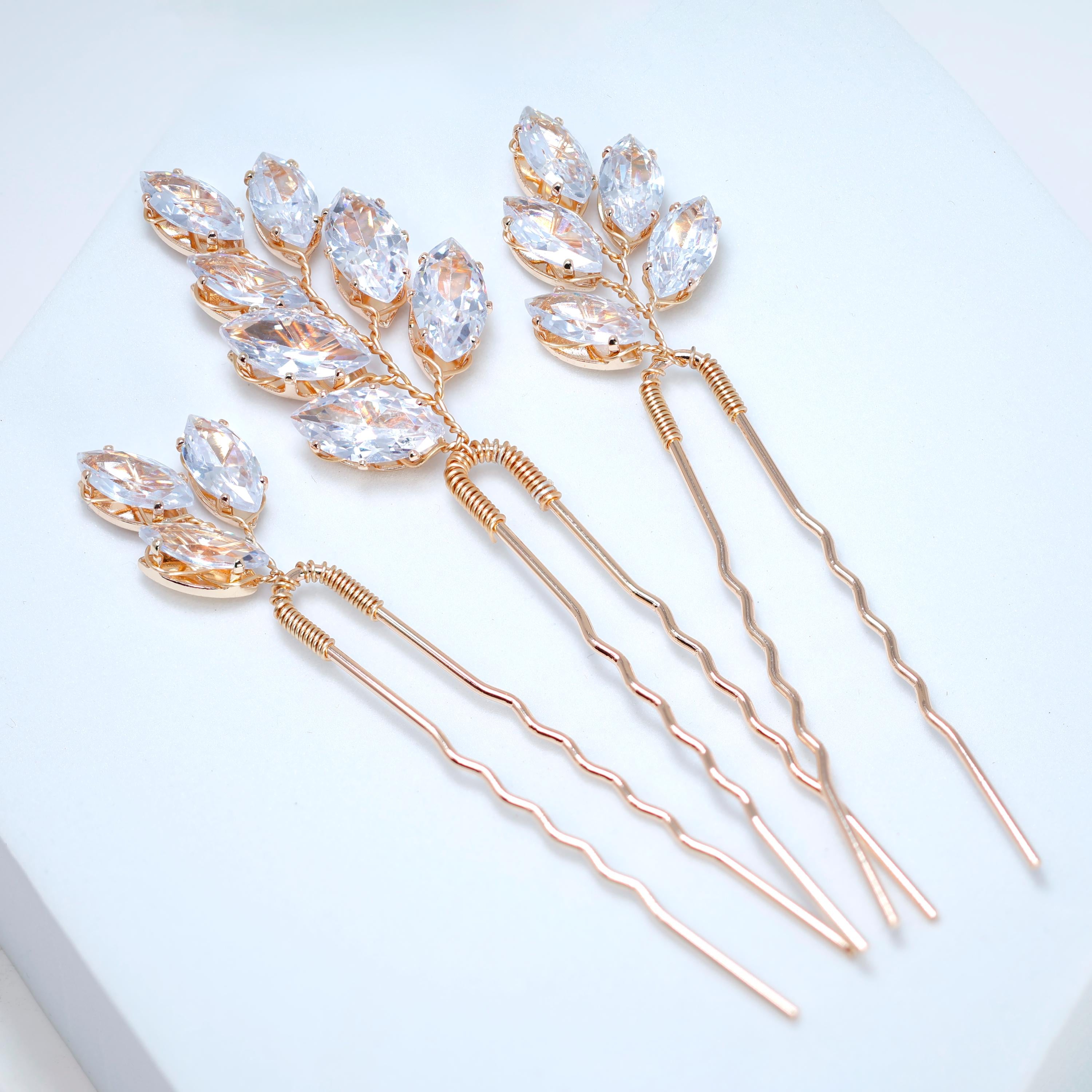 CZ Leafy Tails Set of 3 Hair Pins with Swarovski Crystals | Elegant Bridal Hair Accessories | Perfect Gift for Women, Bridesmaids & Special Occasions | Wedding, Prom & Formal Event Hair Jewelry