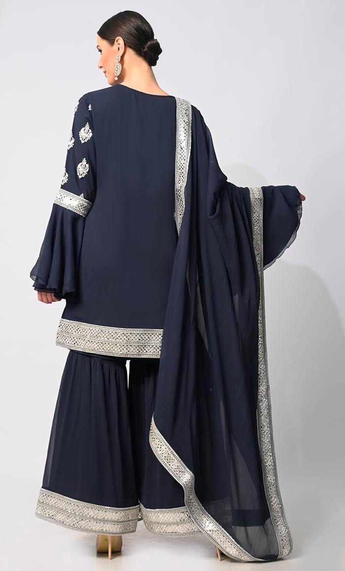 Elegant Navy Blue Eid Garara Set with Dupatta & Bell Sleeves - 3 Piece Pakistani Formal Wear for Women - Perfect for Eid Celebrations, Weddings & Special Occasions