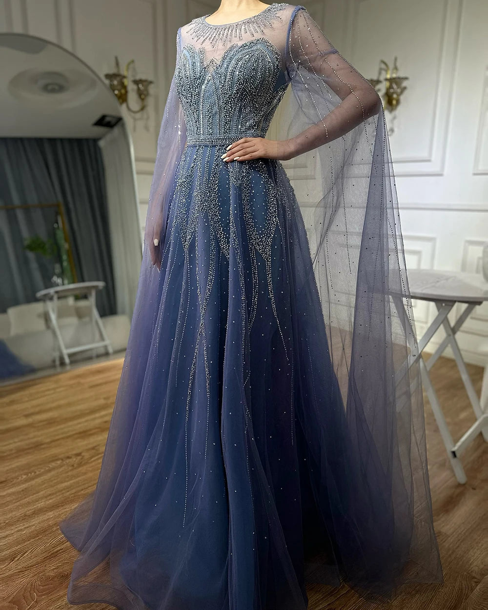 Elegant Nude Blue Beaded Long A-Line Arabic Evening Dress with Cape Sleeves for Dubai Luxury Formal Occasions - LA72785 | Perfect for Weddings, Galas, and Special Events