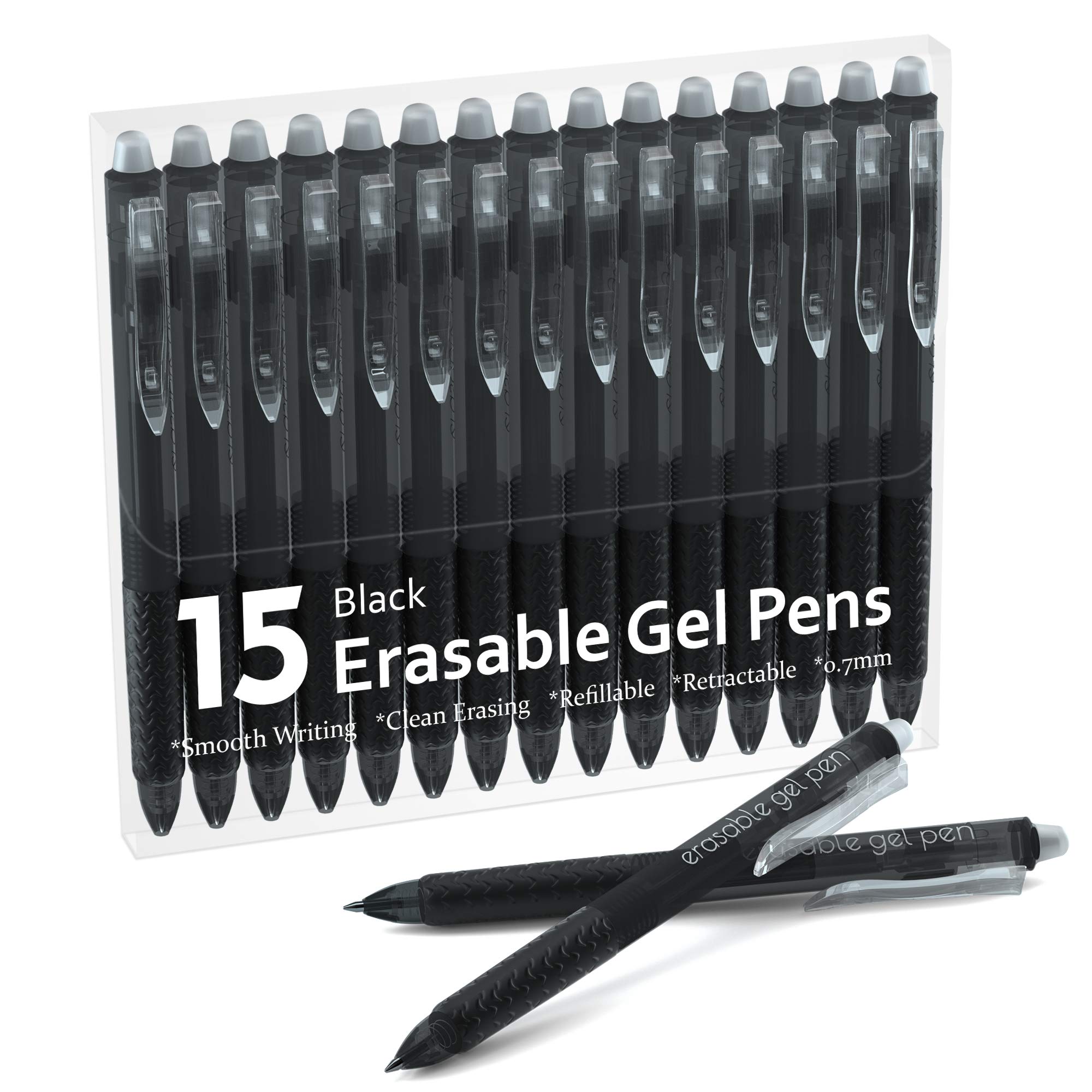 15 Pack Black Retractable Erasable Gel Pens - Fine Point Clicker Pens with Smooth Black Ink for Writing, Planning & Crossword Puzzles | Perfect for Office, School, Note Taking & Journaling