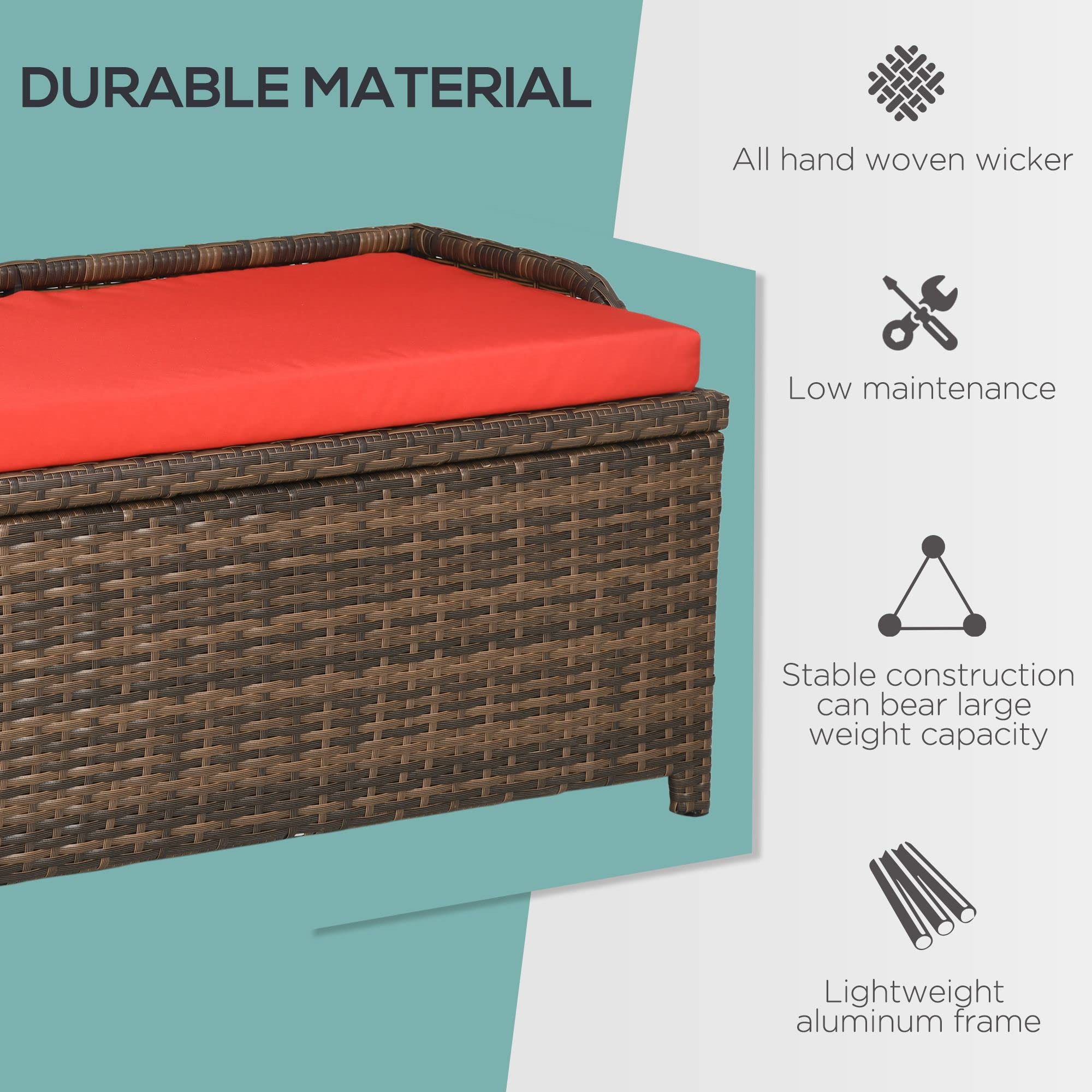 Outsunny 38 Gallon Outdoor Wicker Storage Bench Deck Box - Waterproof PE Rattan Patio Furniture with Cushion & Storage Bag - Perfect for Poolside, Garden, Deck, and Backyard Organization (Red)