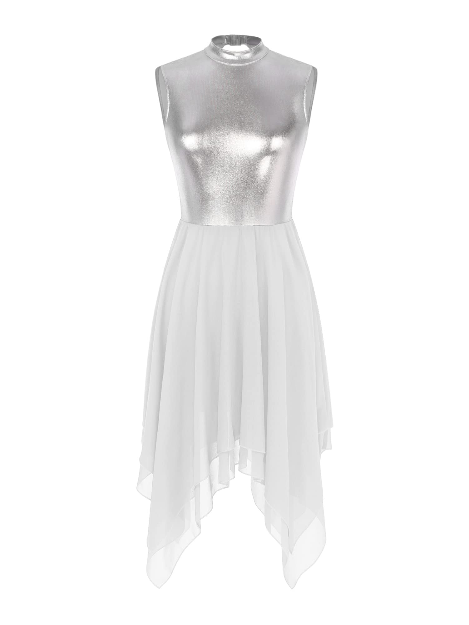 JEYPINMI Women's Sleeveless Silver Metallic Lyrical Dance Tunic - Liturgical Worship & Praise Dance Dress - Perfect for Church Performances, Stage Shows & Contemporary Dance