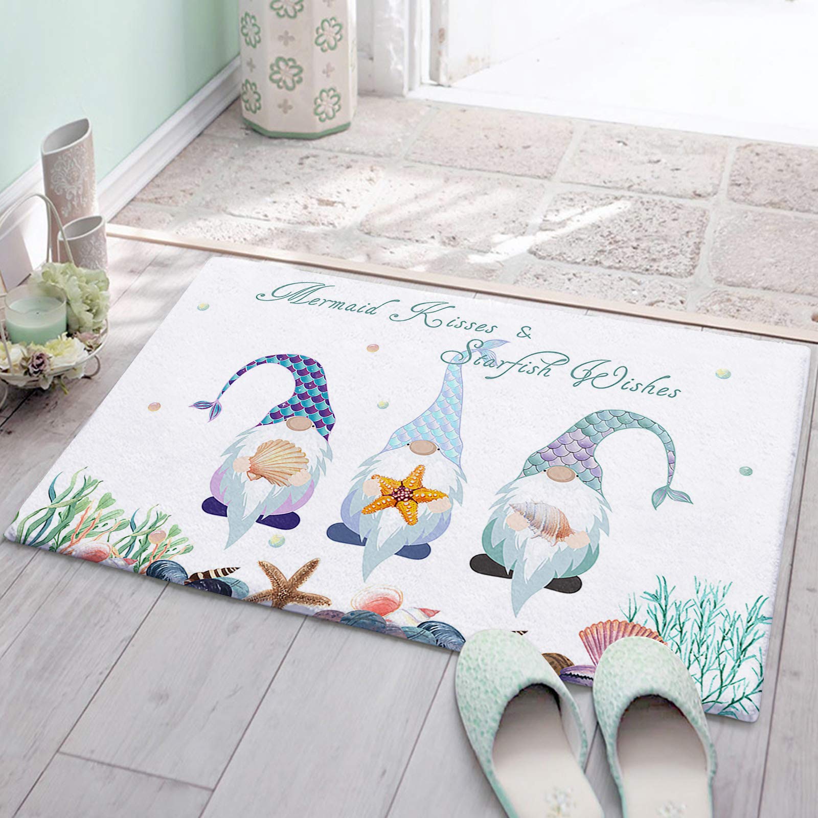 Fluffy Plush Doormat - Non-Slip Ultra Soft Bath Rug with Mermaid & Starfish Design - 20x31.5 Inch Shaggy Carpet for Bathroom, Bedroom, Living Room - Underwater Ocean Theme Home Decor - Perfect for Beach House, Kids Room & Coastal Style Decor