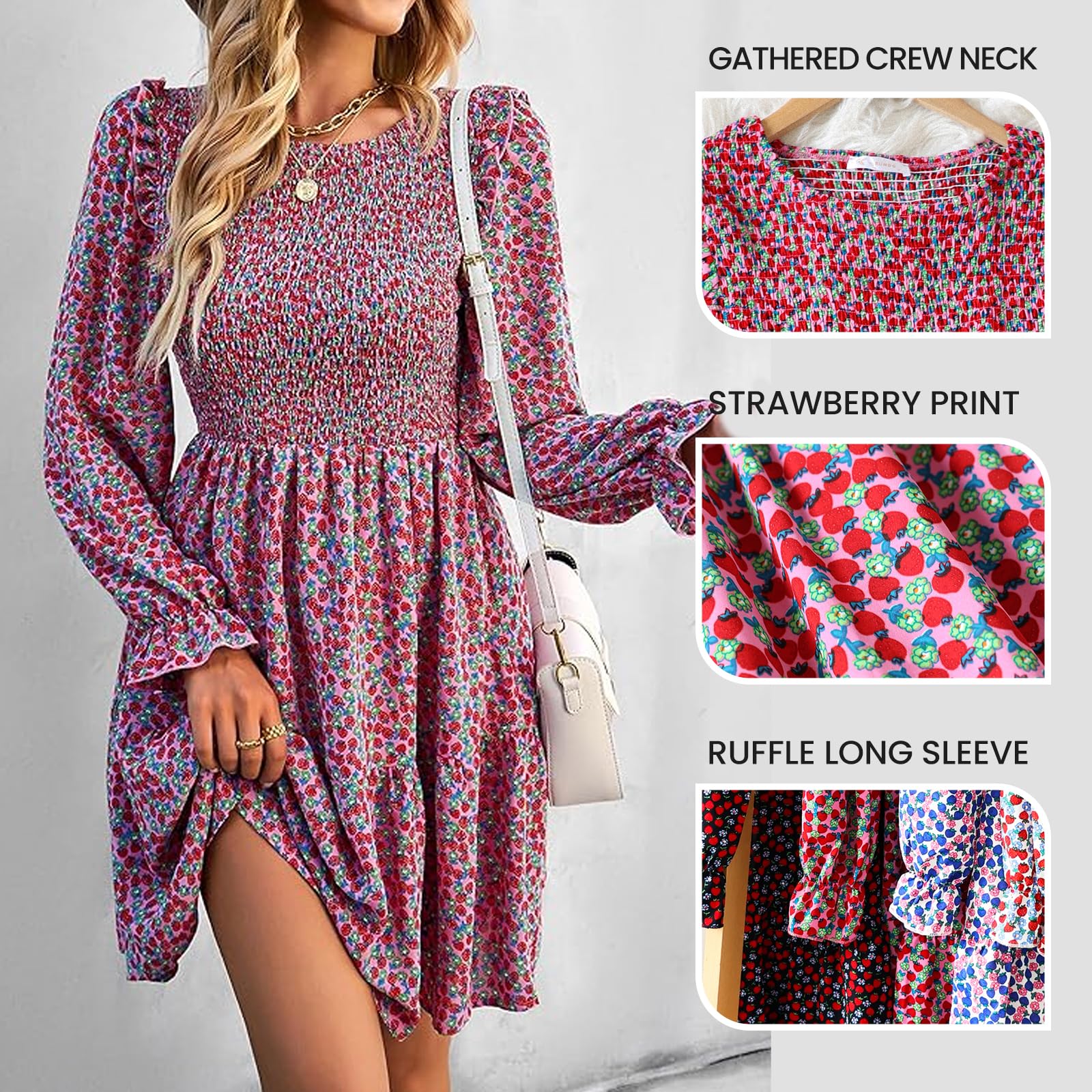 KIRUNDO Women's Floral Smocked Long Sleeve Ruffle A-Line Mini Dress - Spring Summer Party Dress 2025 | Flowy Elegant Outfit for Date Night, Garden Wedding & Cocktail Events