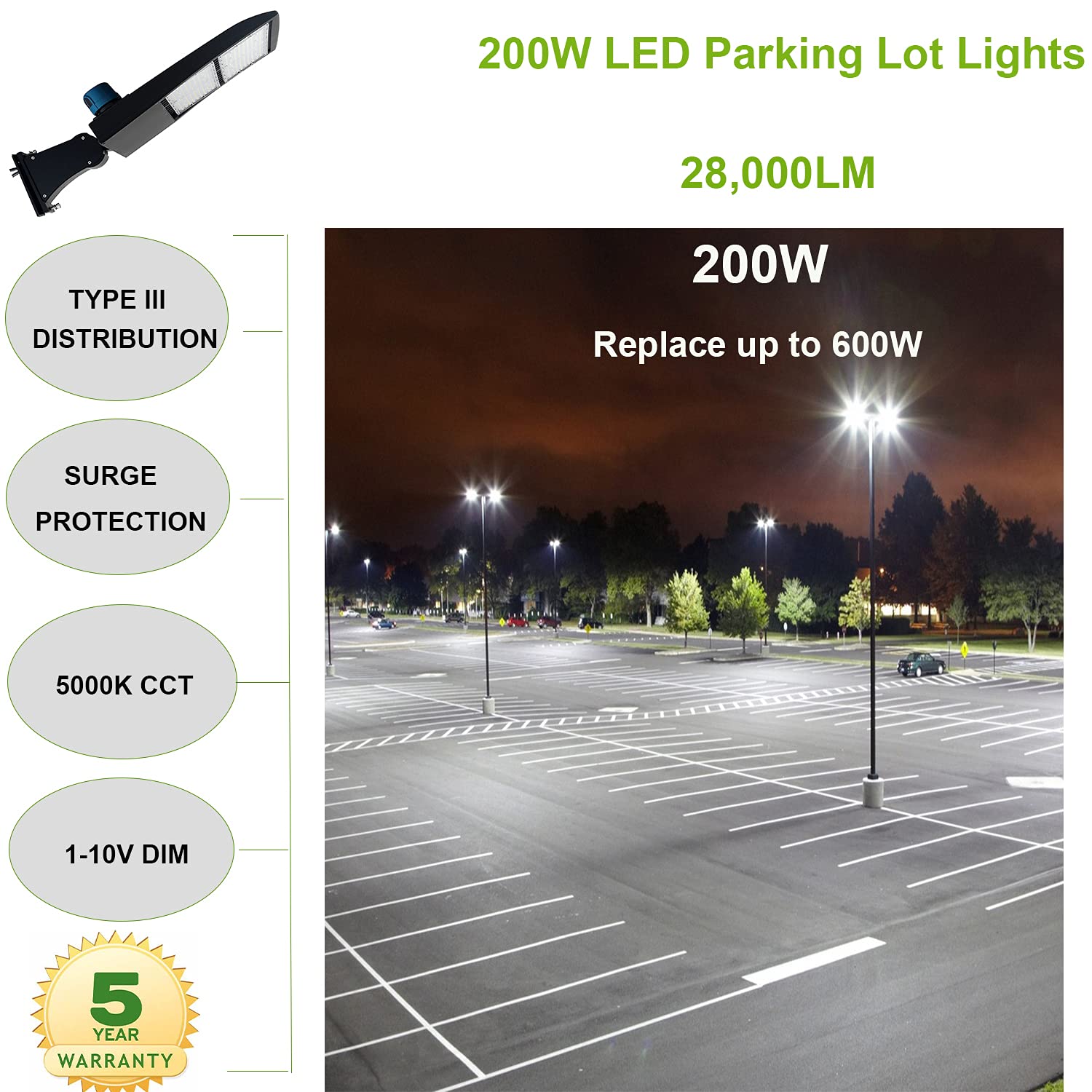 200W LED Parking Lot Lights with Dusk to Dawn Photocell Sensor - 5000K Daylight White, 1-10V Dimmable, Surge Protected - 100-277V AC Shoebox Area Light for Commercial Parking Lots, Gas Stations & Warehouse Outdoor Lighting