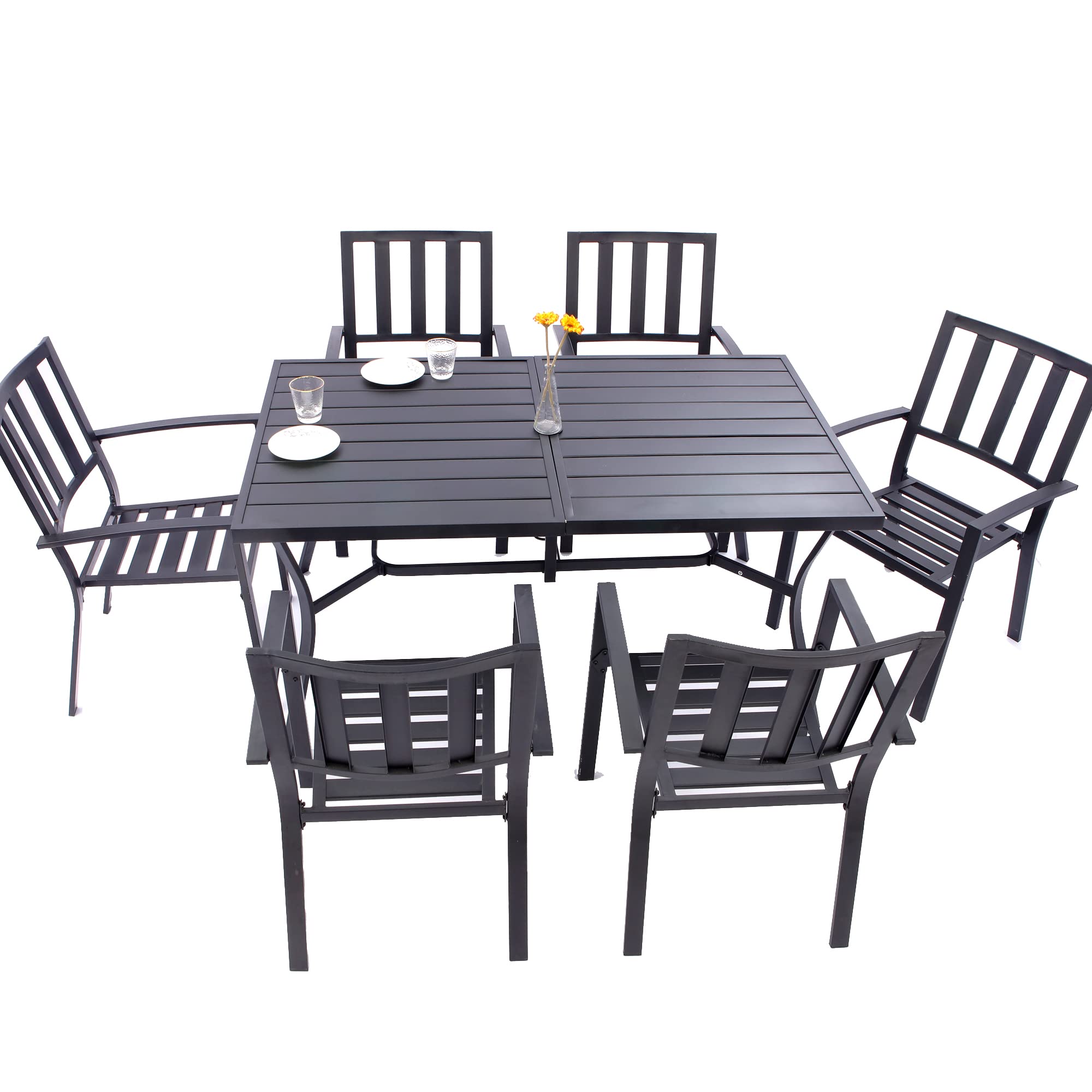 SAILARY 7-Piece Outdoor Patio Dining Set - Durable Metal Rectangle Table with Umbrella Hole & 4 Stackable Garden Chairs for Backyard, Poolside, and Deck - Weather-Resistant Outdoor Furniture Set for Entertaining and Relaxing