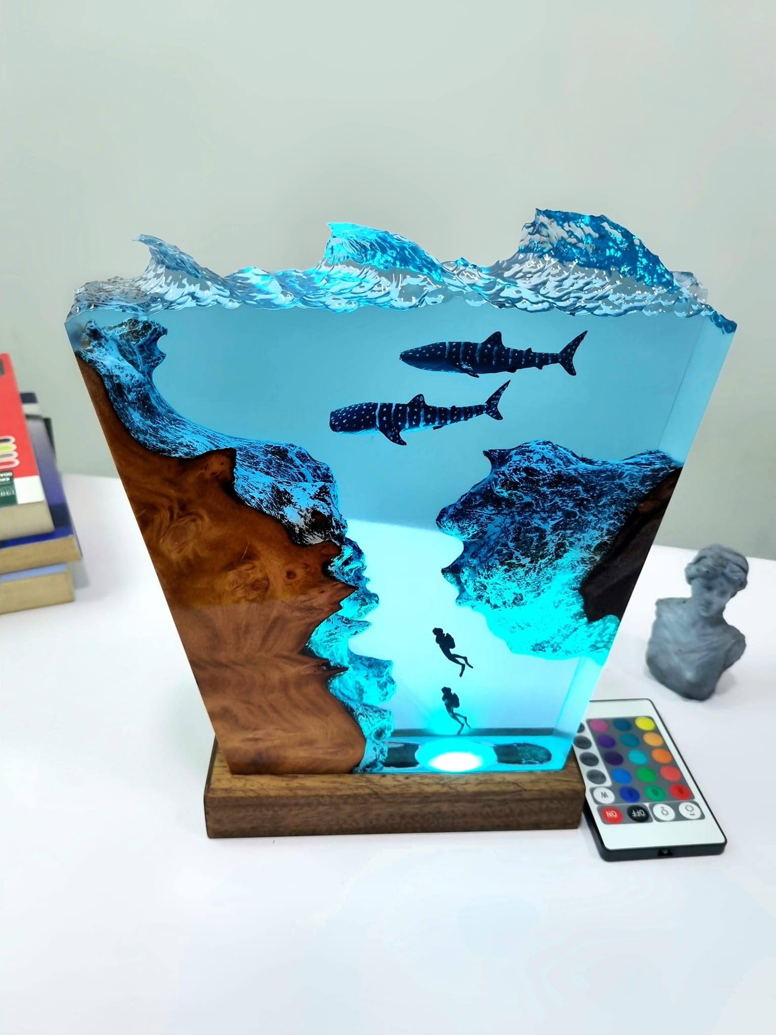 **Whale Shark Diver Resin Wood Lamp - 5x5 Inch Ocean Theme Night Light, Desk Decor, Marine Art Diorama for Home, Office, or Kids Room - Perfect for Bedside, Study, or Aquarium-Themed Spaces**