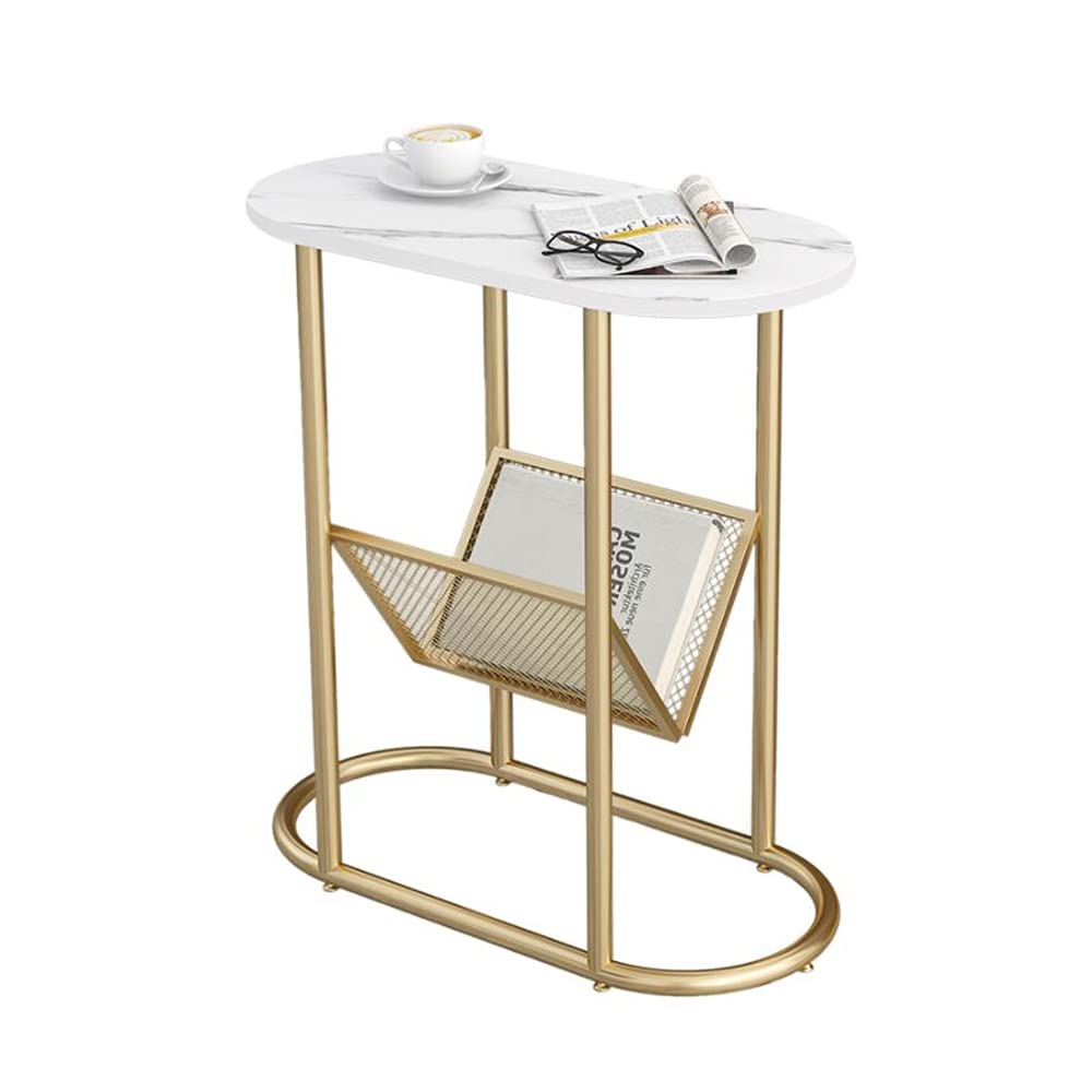Modern 2-Tier Corner Table - Nordic Oval Bedside Table with Storage Shelf, Small Coffee Table & Side Cabinet for Living Room, Bedroom, Office - White
