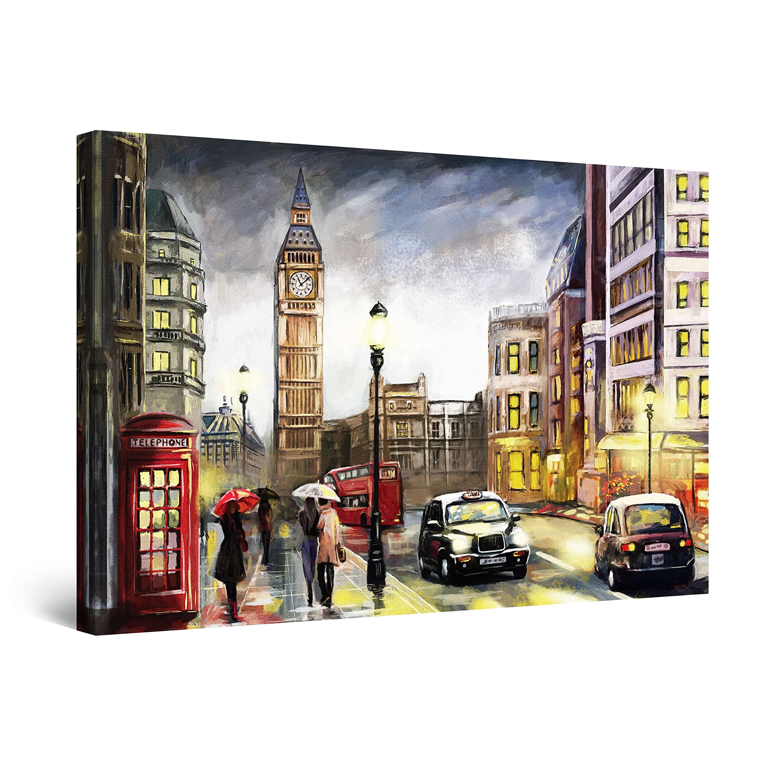 Abstract Rainy Day in London Big Ben Canvas Wall Art - 32x48 Inch Stretched Painting, Modern Home Decor for Bedroom, Living Room & Office - Ready to Hang Day & Night Effect Artwork (Perfect for Urban Style Interiors & Gift Giving)