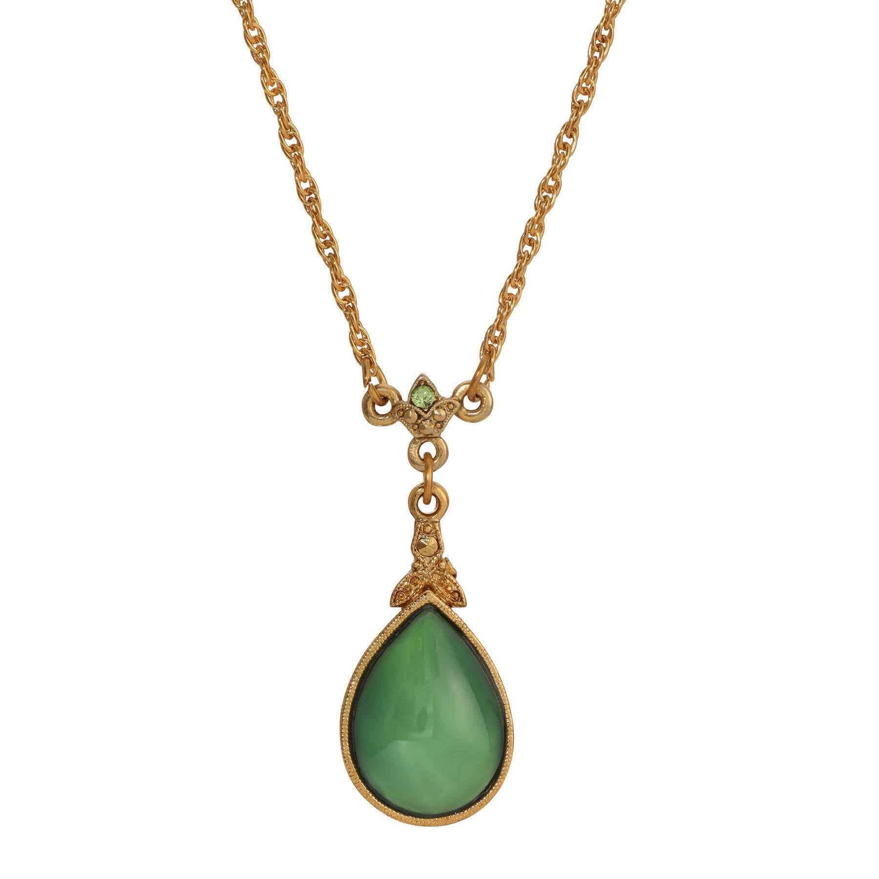 1928 Vintage Green Glass Pear Moonstone Pendant Necklace - 18