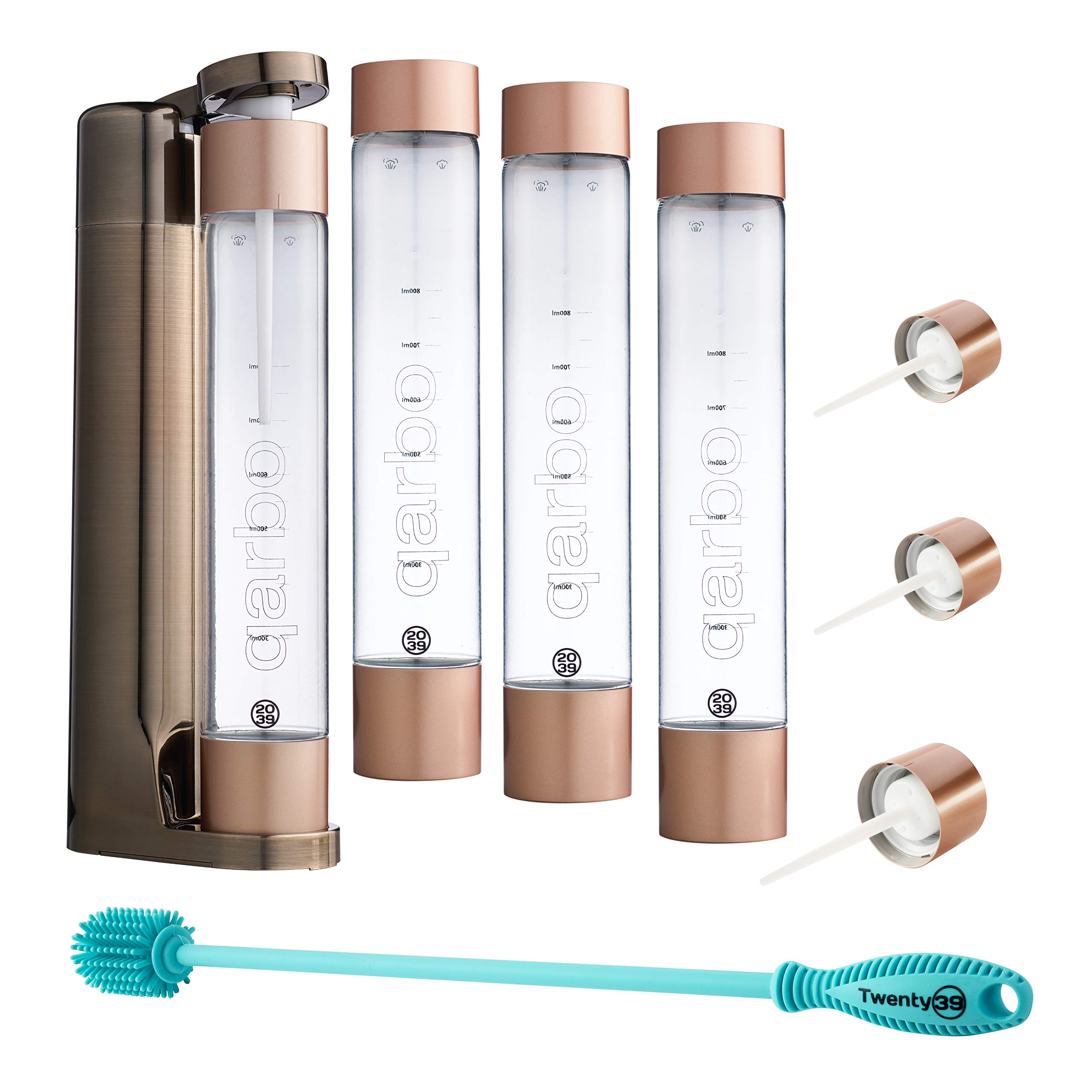 Twenty39 Qarbo Sparkling Water Maker Machine - Party Plus Bundle with 4 Reusable Bottles, 3 AirCharge Caps & Cleaning Brush (Bronze) | Home Carbonation System for Soda, Cocktails & Healthy Drinks