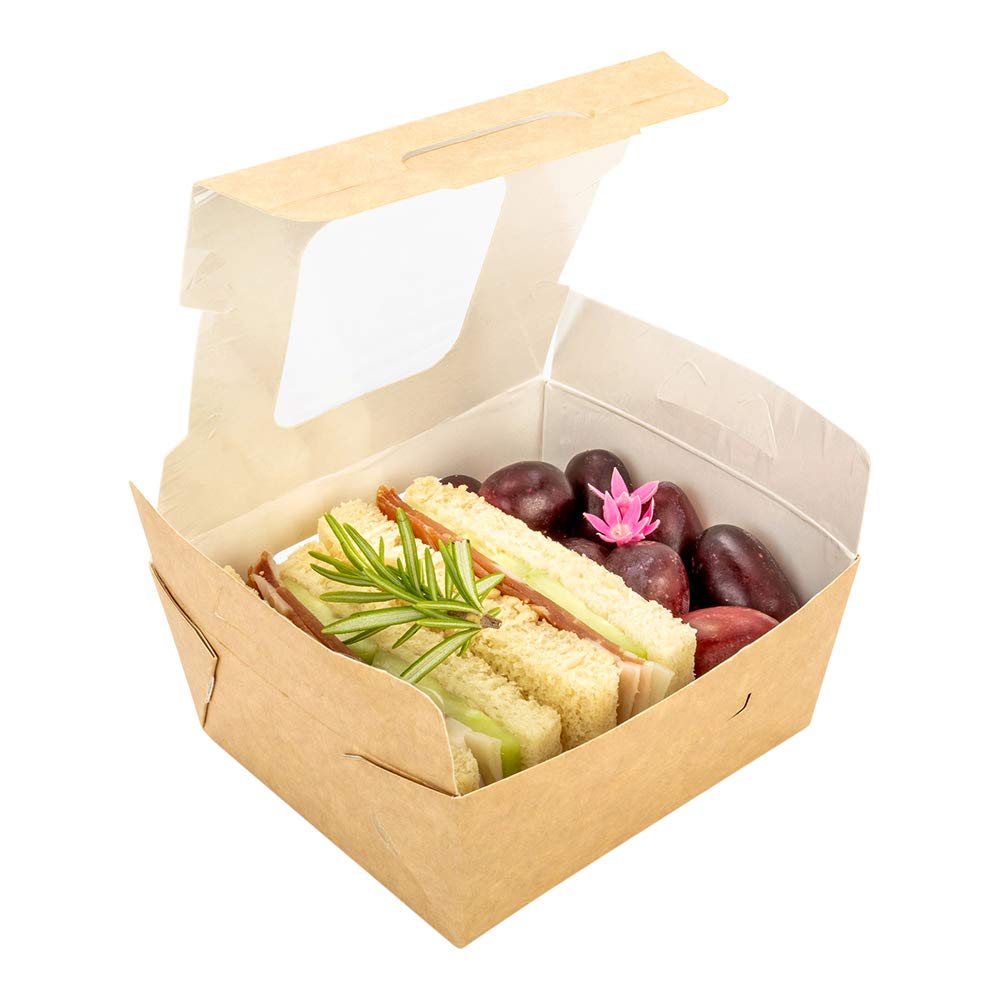 Restaurantware Cafe Vision 12oz Kraft Paper Food Boxes - 200 Pack Grease-Resistant Bakery Boxes with Built-In Lids & 2 Windows (4.3