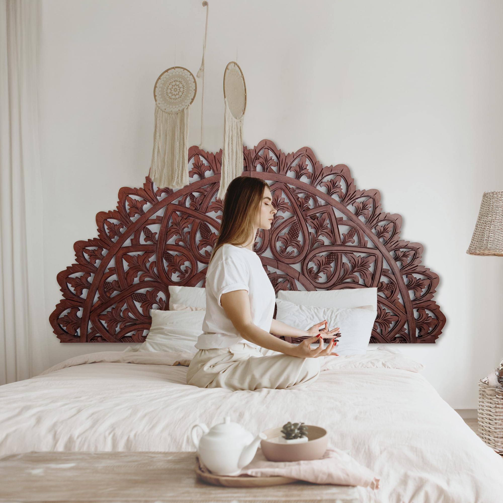 Rustic Half Moon King Wood Headboard - Carved Mahkota Dark Brown for Cal King Bed | Bedroom Decor