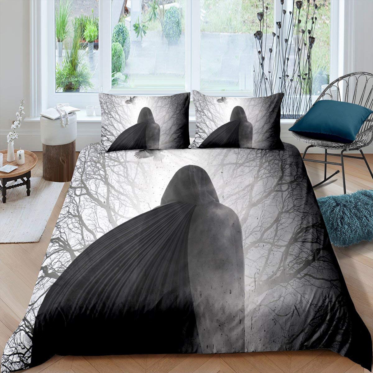 Erosebridal Full Size Jungle Bird Print Duvet Cover Set - Travel Themed Bedding for Teens, Adults & Youth - Grey Plant & Branch Design - Perfect for Kids, Boys & Teenagers (Comforter Not Included) - Ideal for Bedrooms, Dorms & Guest Rooms