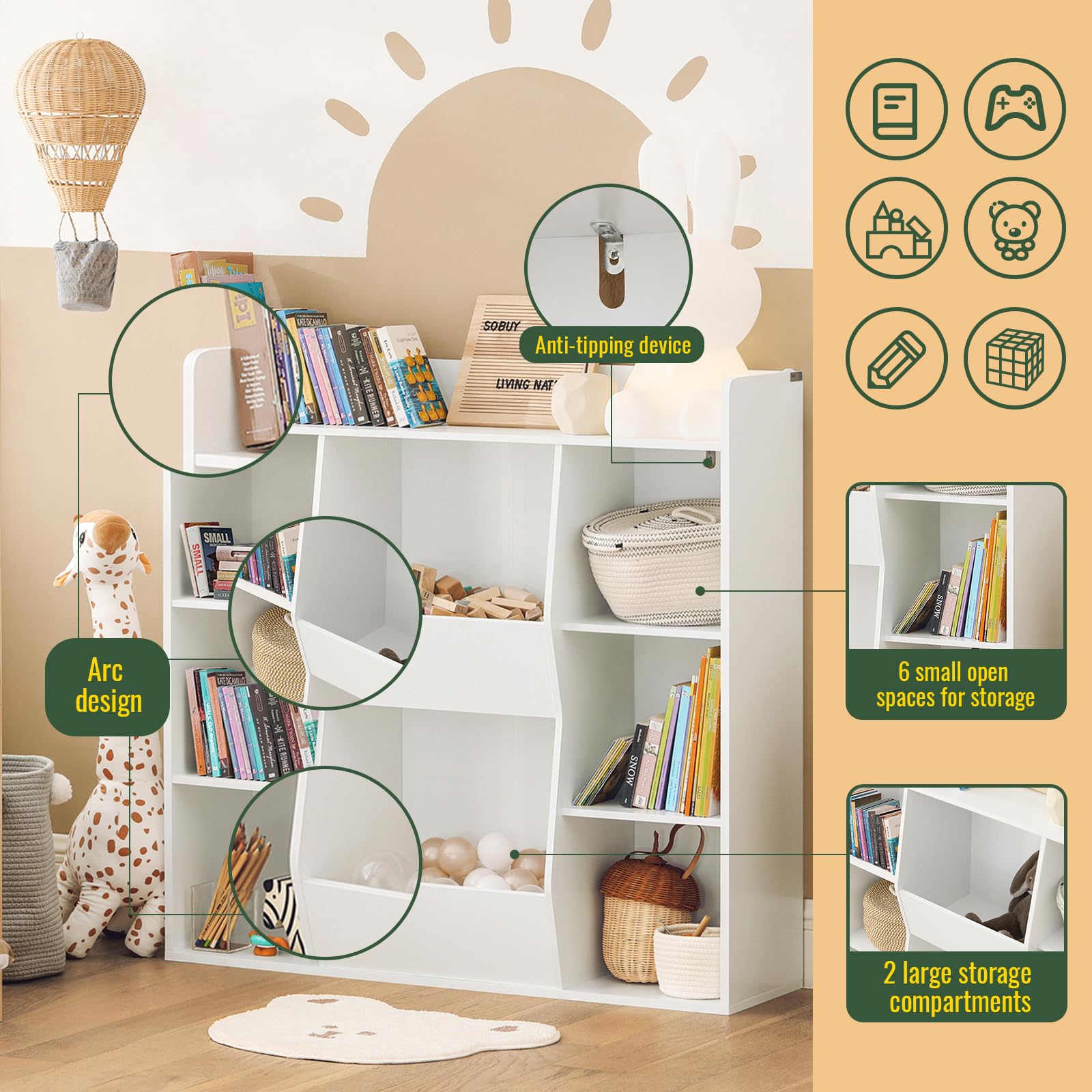 SoBuy Kids Bookcase with 8 Storage Compartments - Children's Bookshelf & Toy Organizer for Bedroom, Playroom, or Classroom - Sturdy Wooden Storage Shelf for Books, Toys, and Display Items