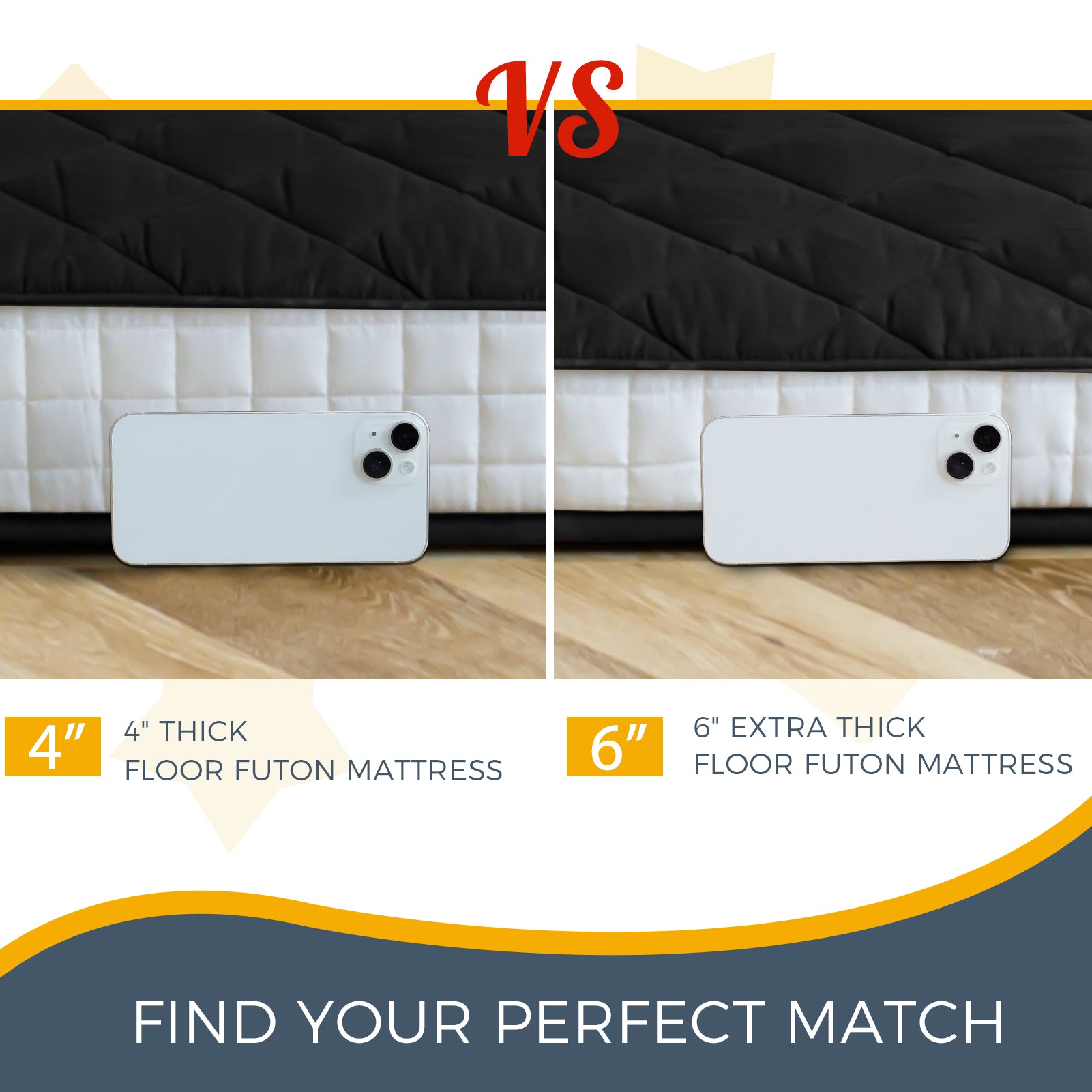 MAXYOYO 6-Inch Extra Thick Floor Futon Mattress - Diamond Quilting Design, Black - Perfect for Guest Beds, Dorm Rooms, Camping & Small Spaces