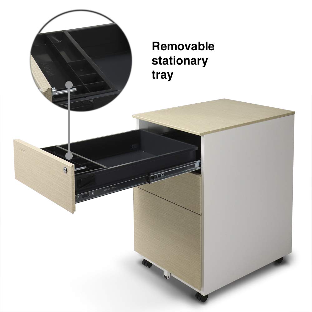 3-Drawer Metal File Cabinet with Lock & Key - Aurora Mobile Office Storage, White/Light Wenge, Fully Assembled for Instant Use | Perfect for Home Office, Classroom & Small Business Organization
