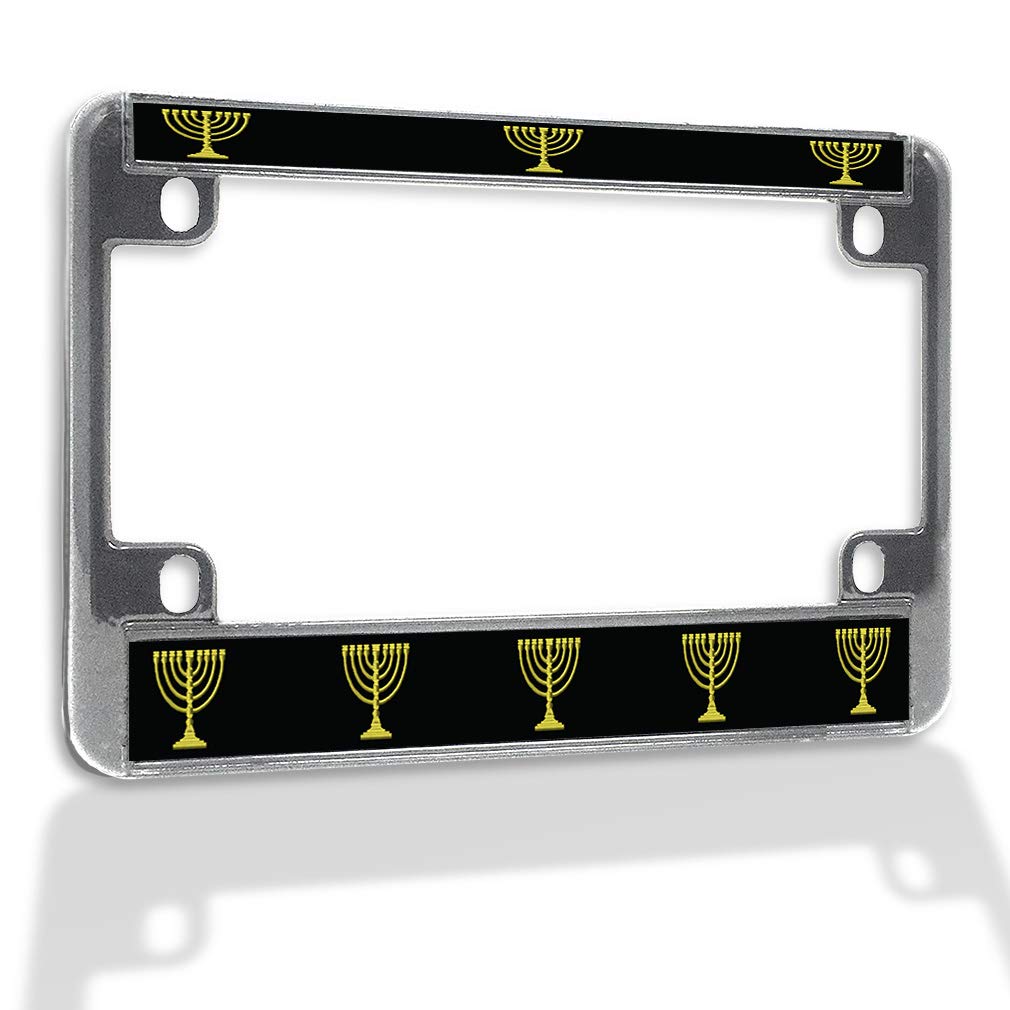Premium Metal Insert Bike License Plate Frame - Weatherproof Motorcycle Accessories with Menorah Design, Chrome Finish & 4-Hole Solid Insert - Perfect for Harley, Cruiser, and Custom Motorcycles