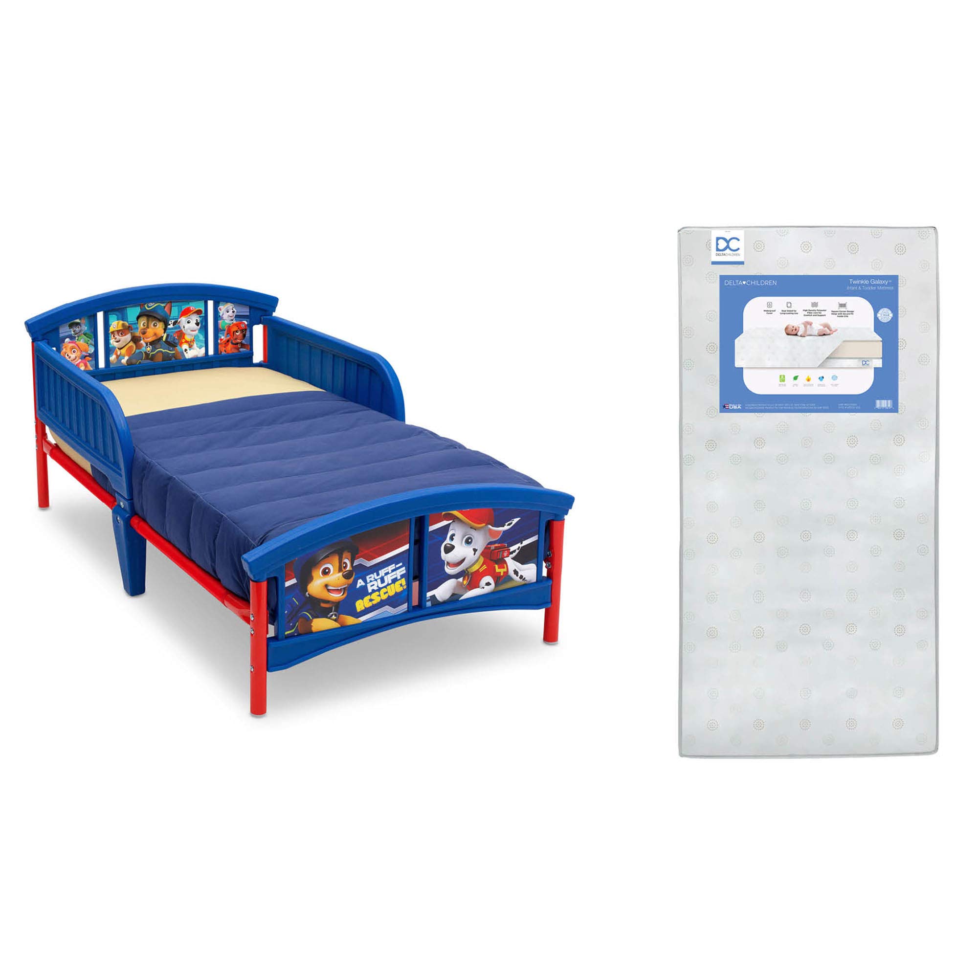 Delta Children Plastic Toddler Bed with Nick Jr. PAW Patrol Twinkle Galaxy Dual-Sided Mattress - Recycled Fiber Core Toddler Bed Set for Kids | Perfect for Nursery, Daycare & Sleepovers