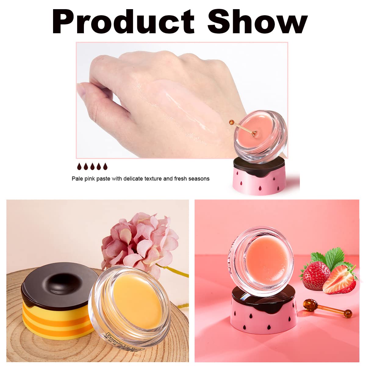 4PCS Strawberry & Bee Lip Balm Honey Pot - Vitamin E & Propolis Sleeping Lip Mask for Dry, Cracked Lips - Reduces Lip Lines & Exfoliates - Perfect for Nighttime Lip Care & Hydration